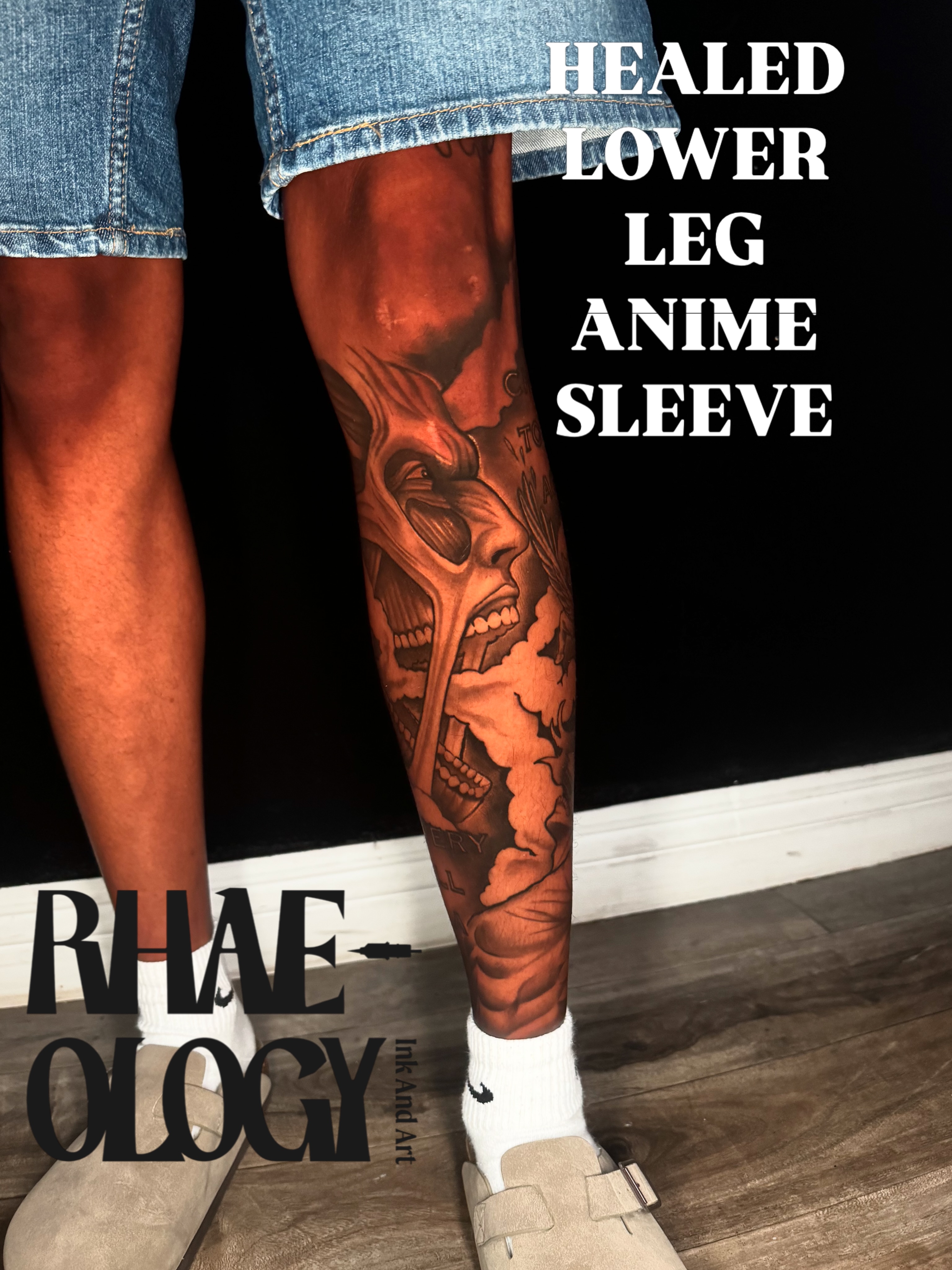 Anime sleeve anime tattoo on the leg by Mariyah Rhae Lewis