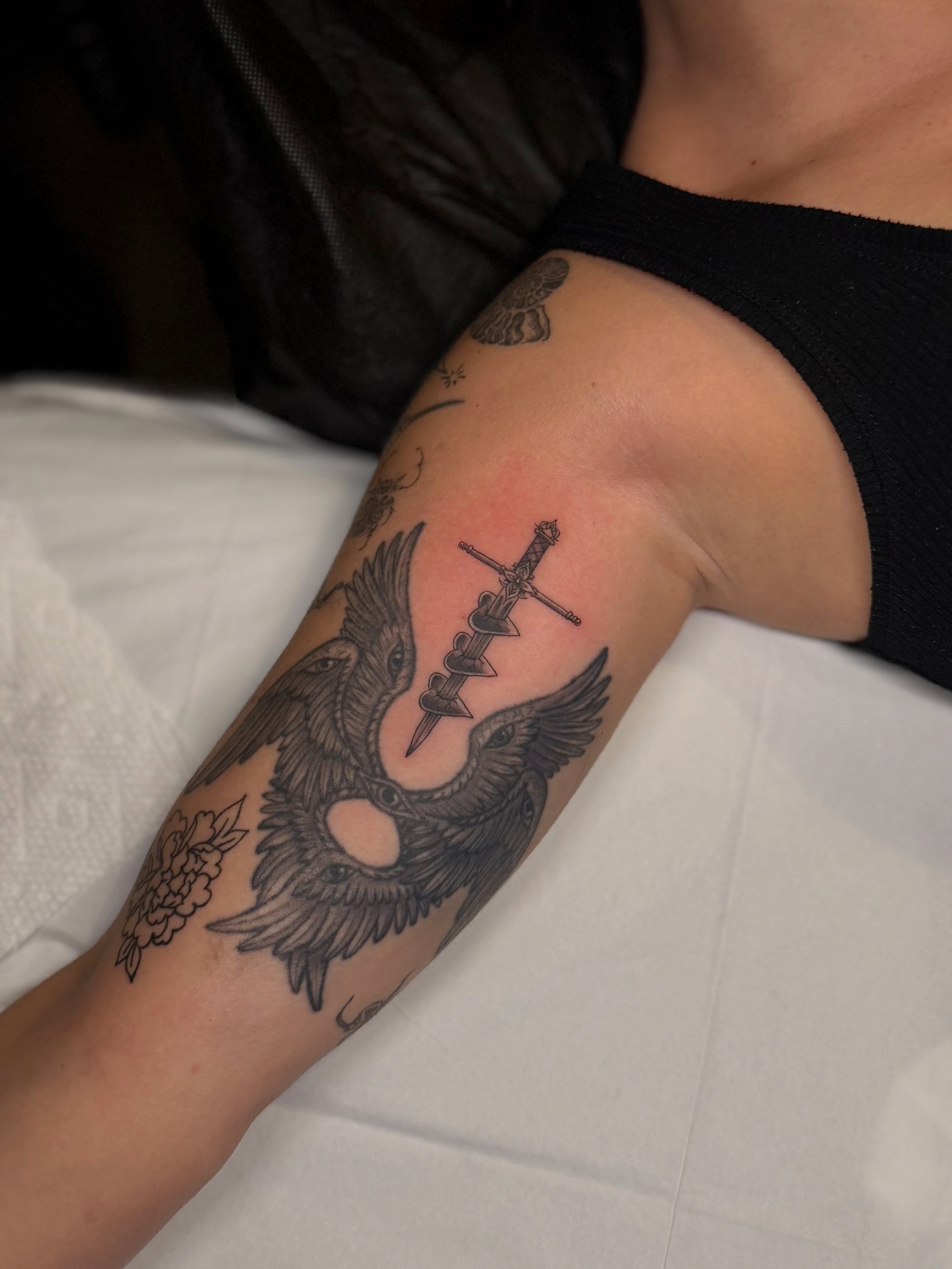 Phoenix and sword black and grey tattoo on the forearm by Nicole Libretti ✶ Tattoo ✶ Hvny