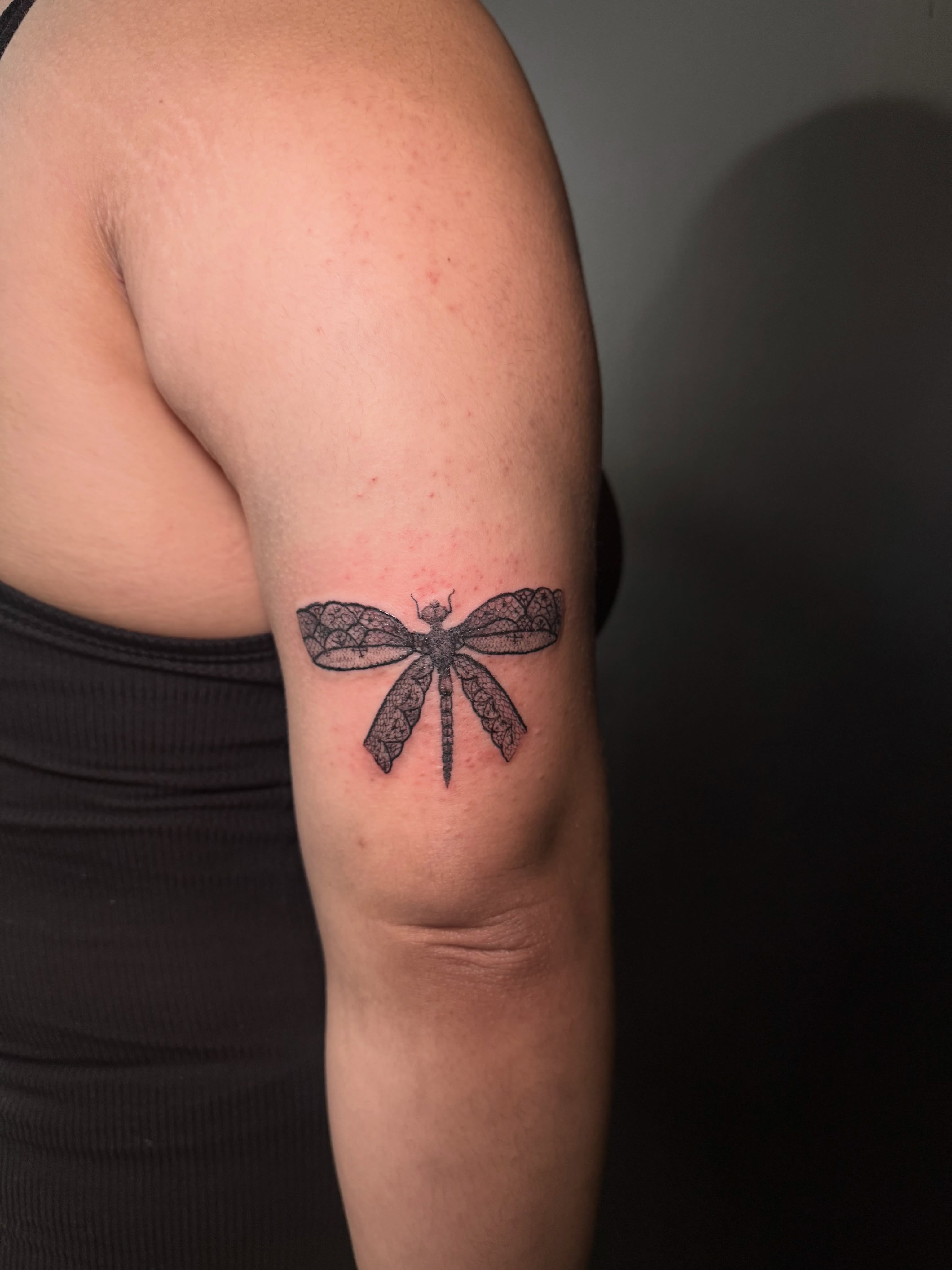 Dragonfly black and grey tattoo on the forearm by dewduls :), Berkeley, California