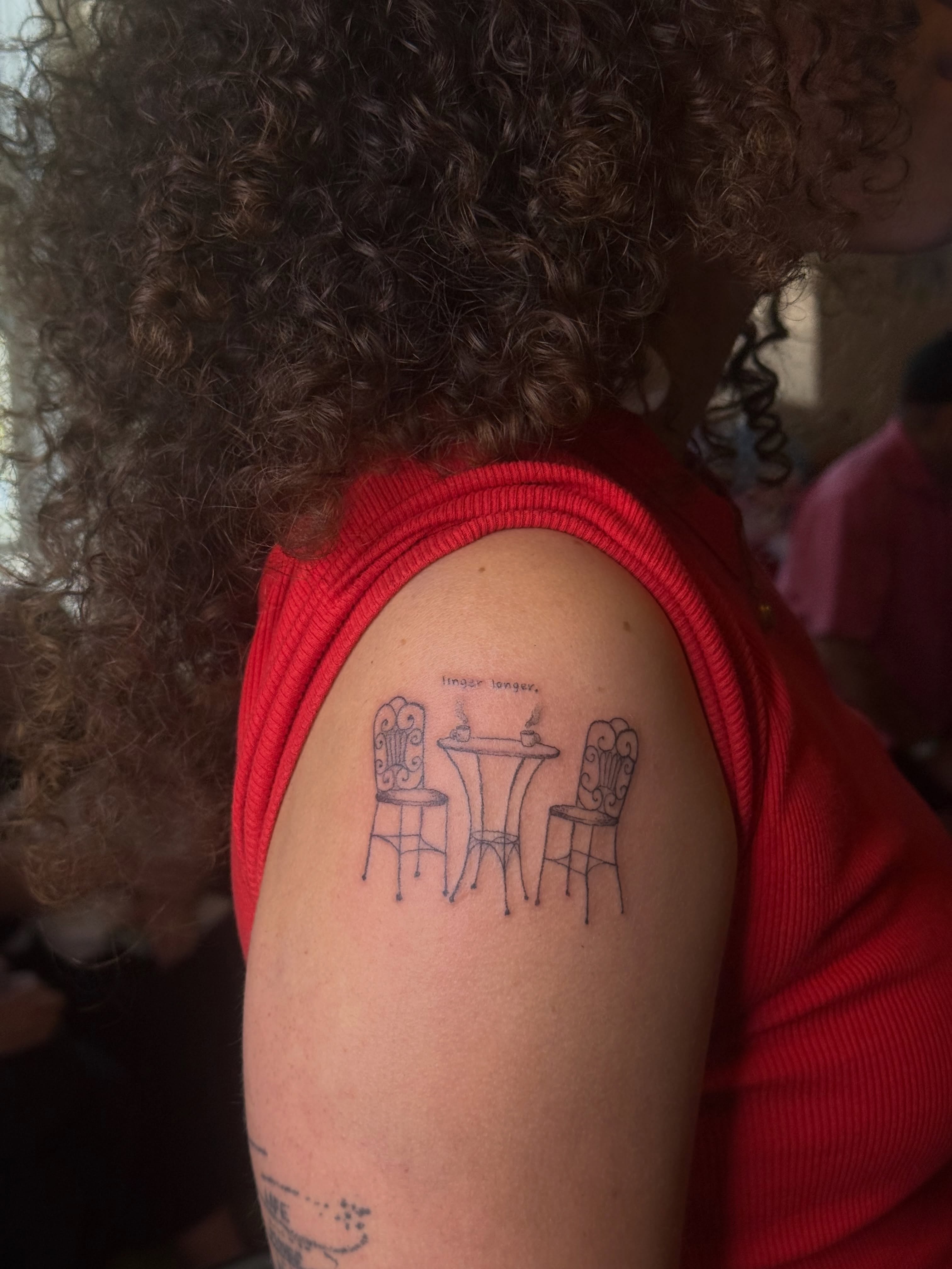 Table and chairs minimalist tattoo on the shoulder by dewduls :), Berkeley, California