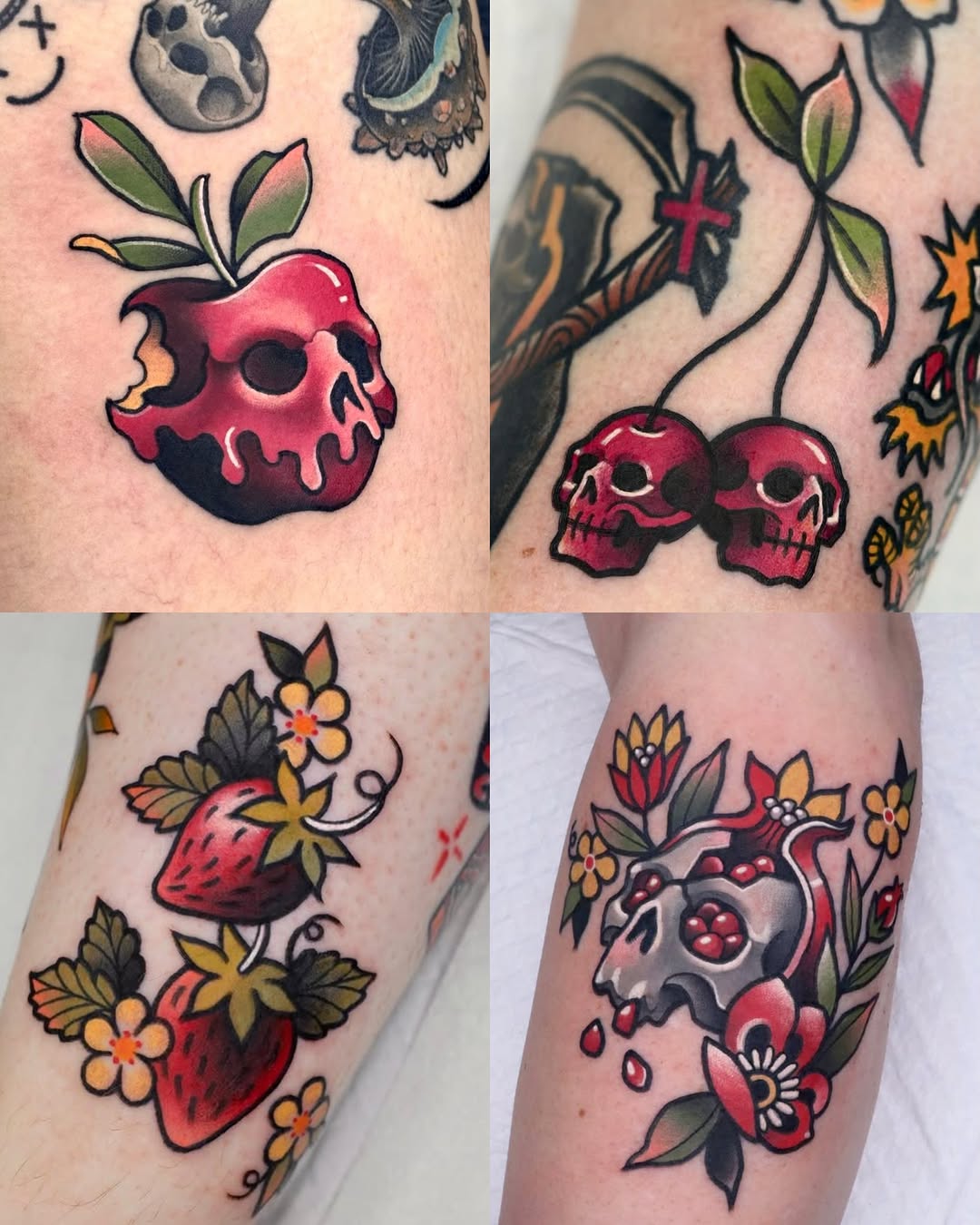 Skulls and cherries American traditional tattoo on the forearm by 부산타투