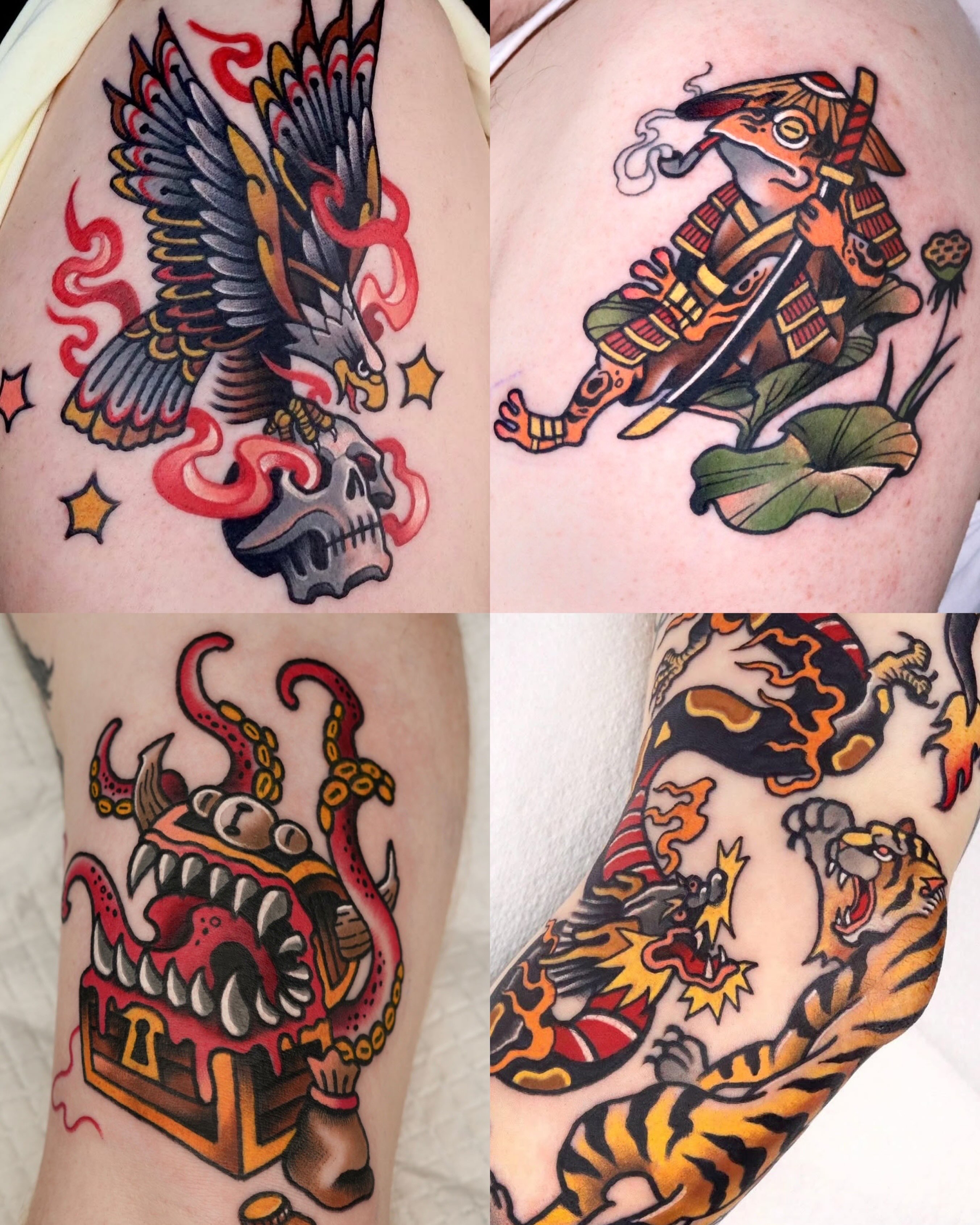 Tiger and dragon American traditional tattoo on the upper arm by 부산타투
