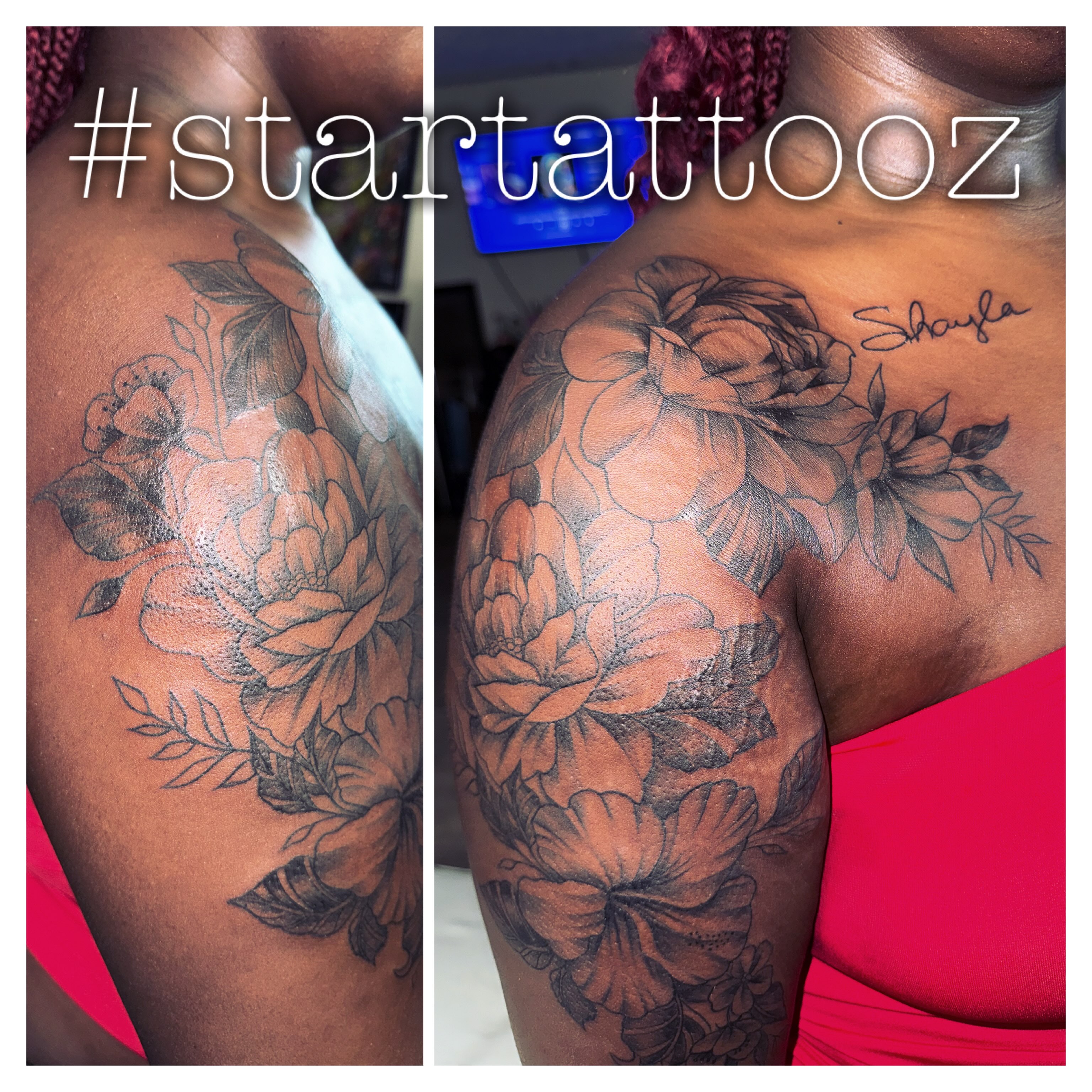 Floral arrangement black and grey tattoo on the shoulder by StarTattooz - the one & only