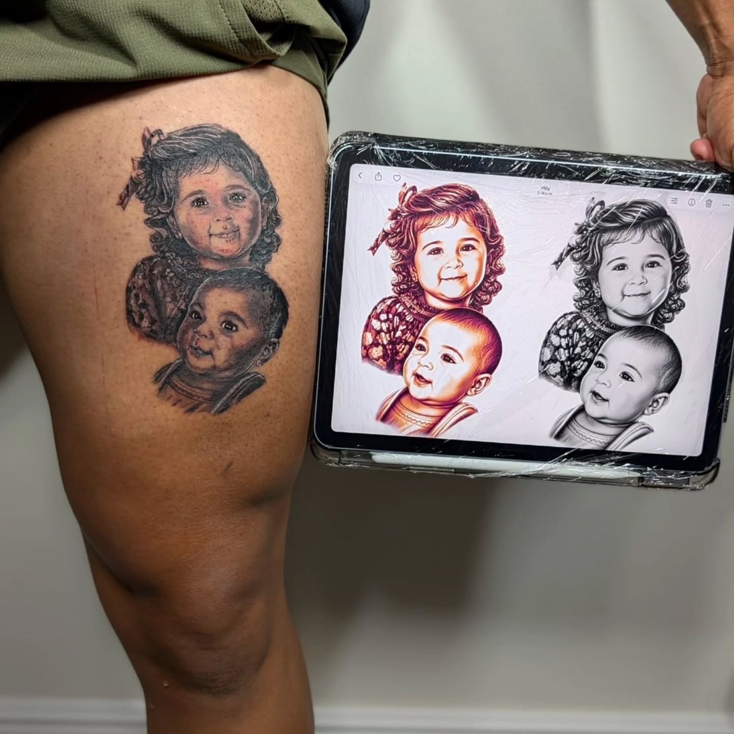 Children realism tattoo on the thigh by Tony