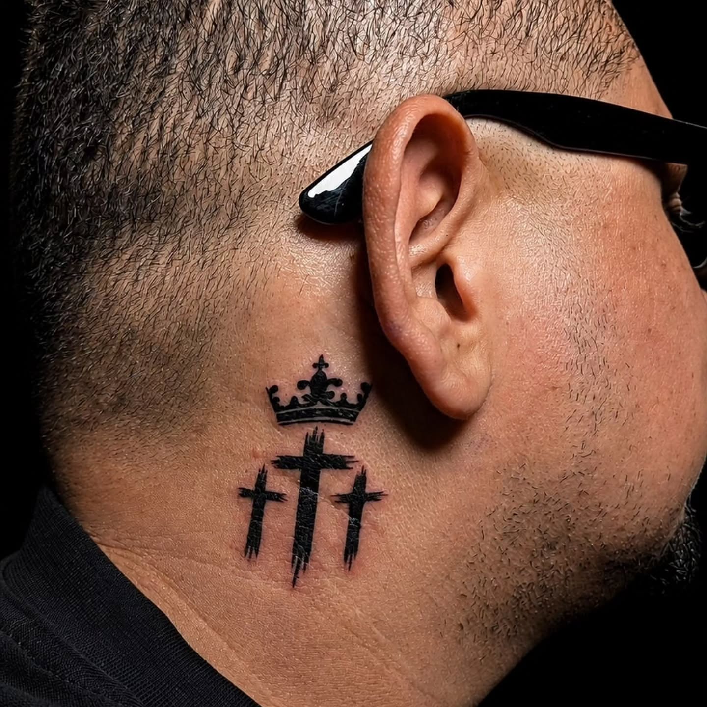 Crosses with crown black and grey tattoo on the neck by Tony