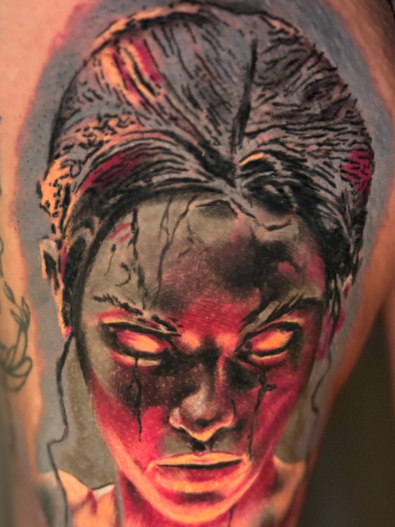 Woman's face realism tattoo on the forearm by spikecitytattoo