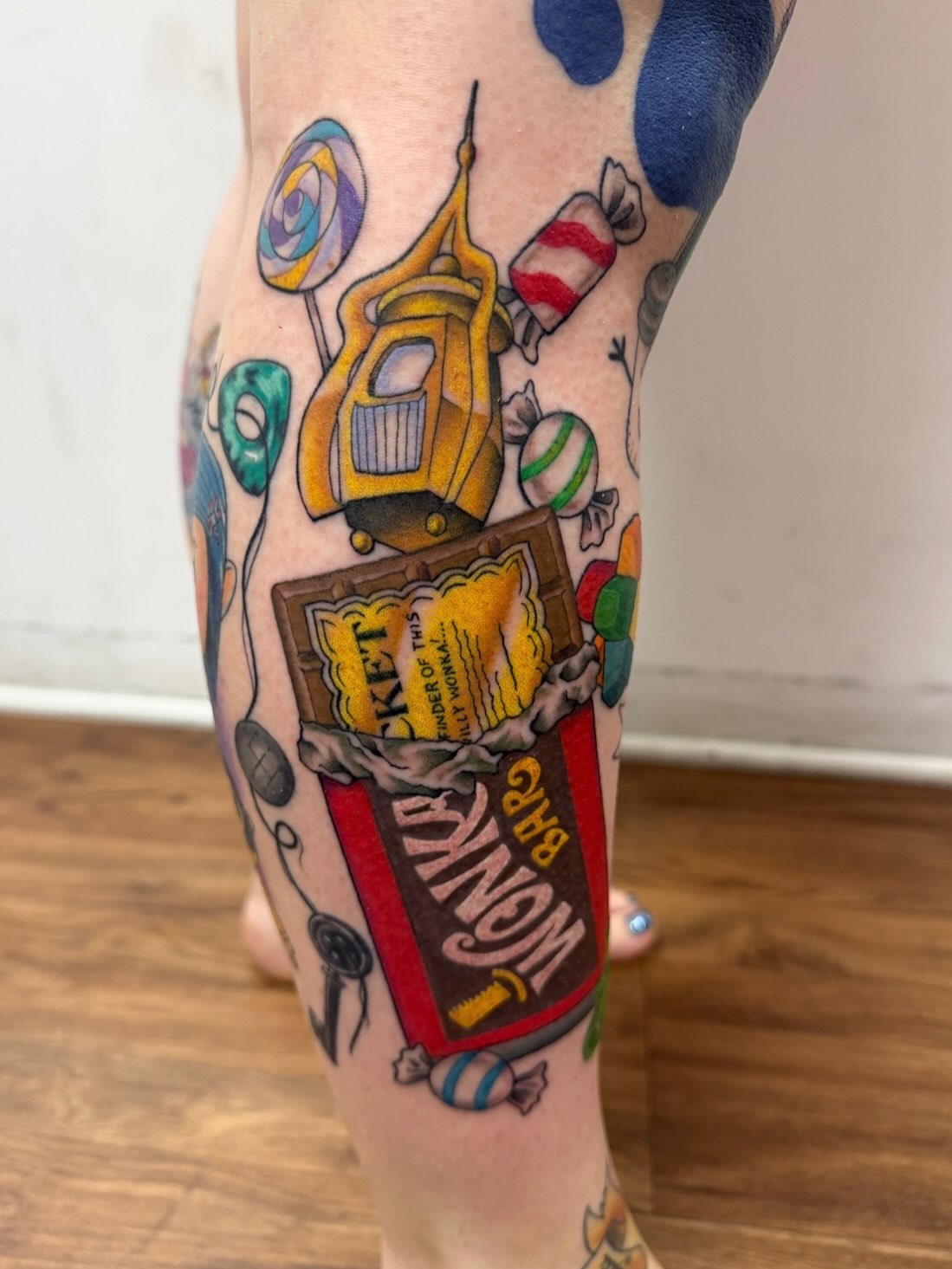 Wonka Factory American traditional tattoo on the calf by McKenna Chalifoux