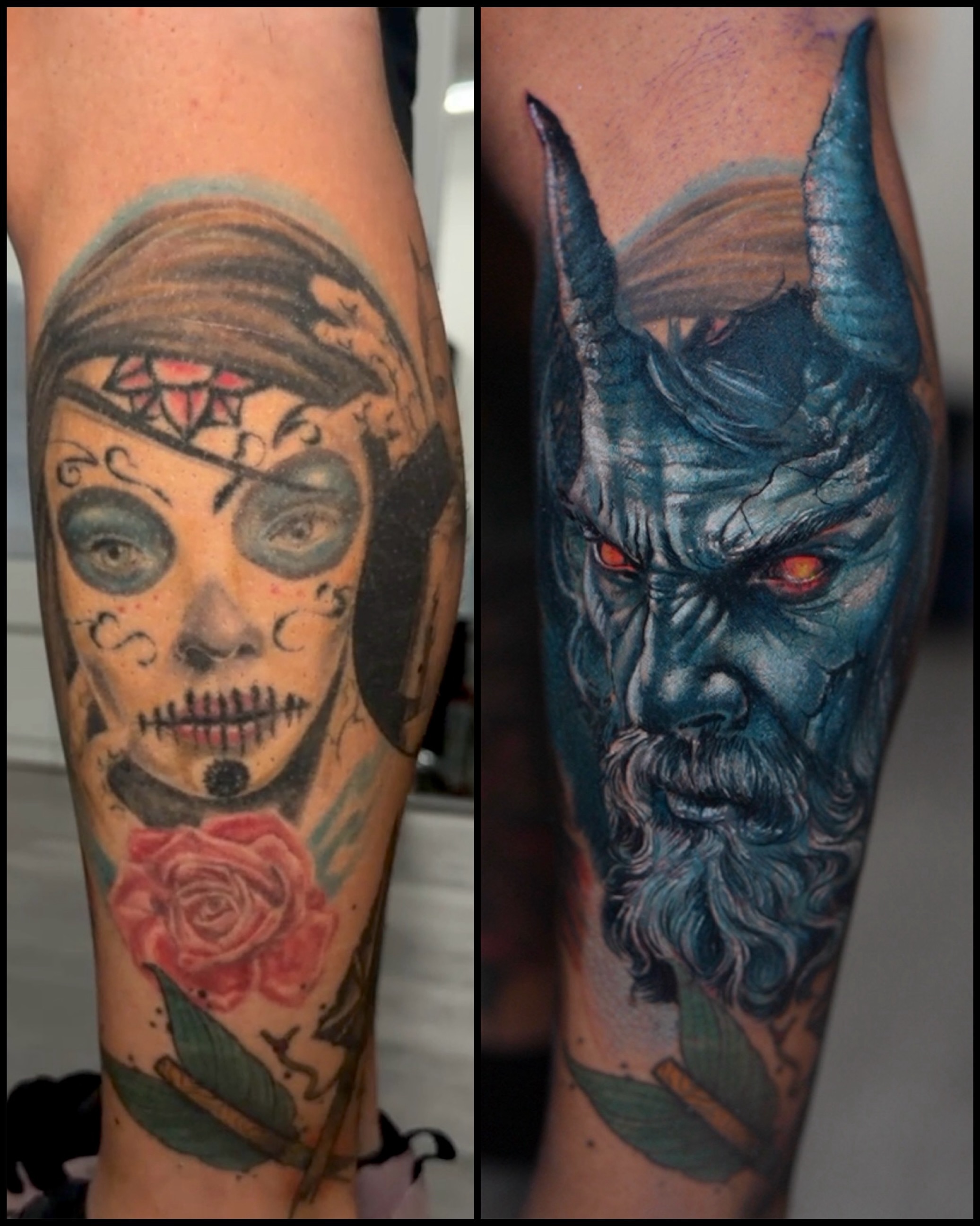 Sugar skull and pirate American traditional tattoo on the forearm by Nestor Palacios