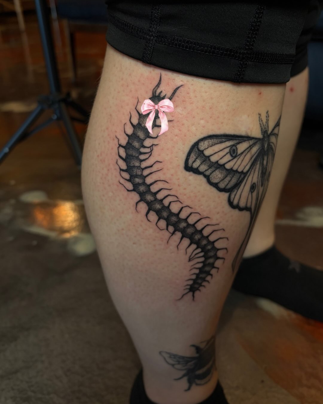 Centipede and moth black and grey tattoo on the leg by destany aguilera, Davenport, Iowa