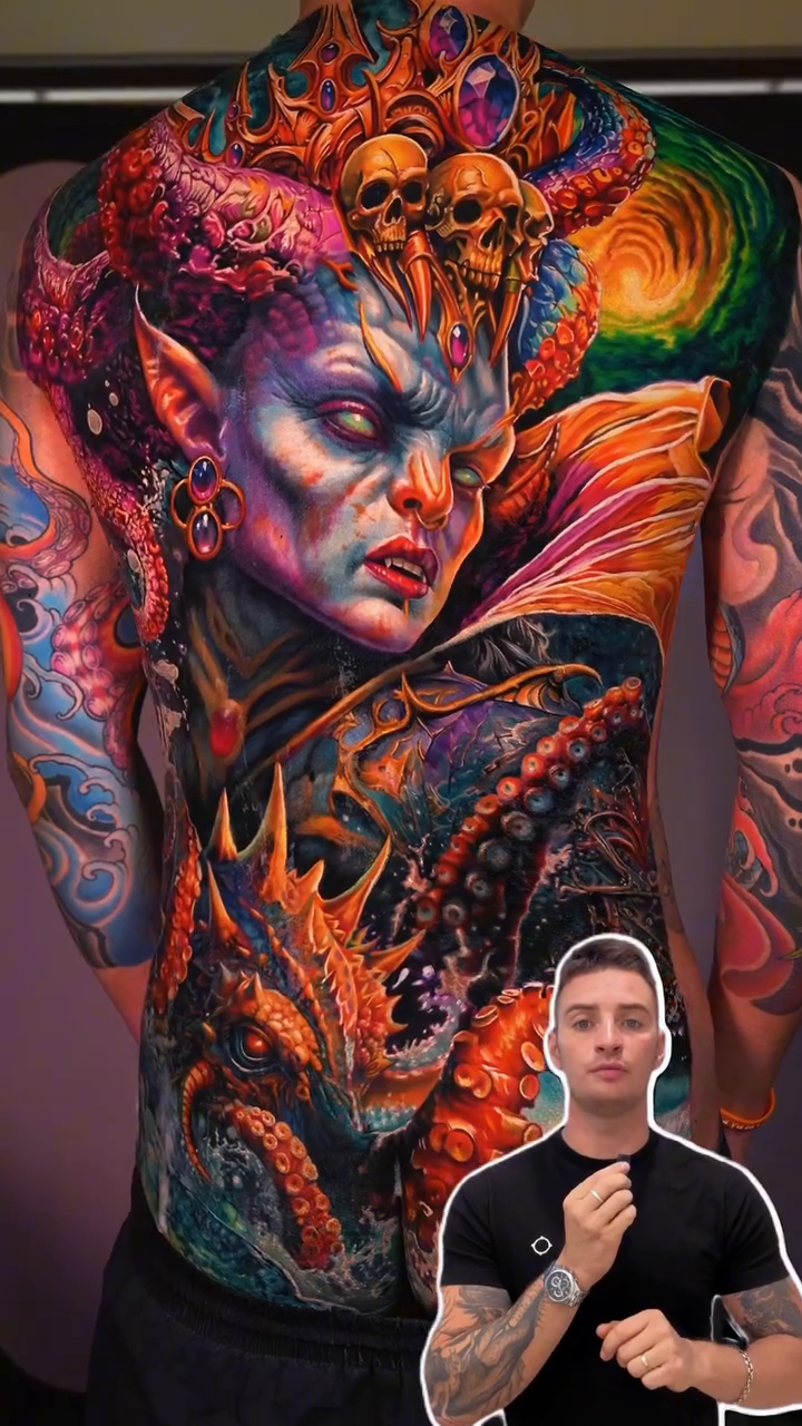 Demon and octopus dark realism tattoo by Hiroto Nguyen, Perth, Western Australia