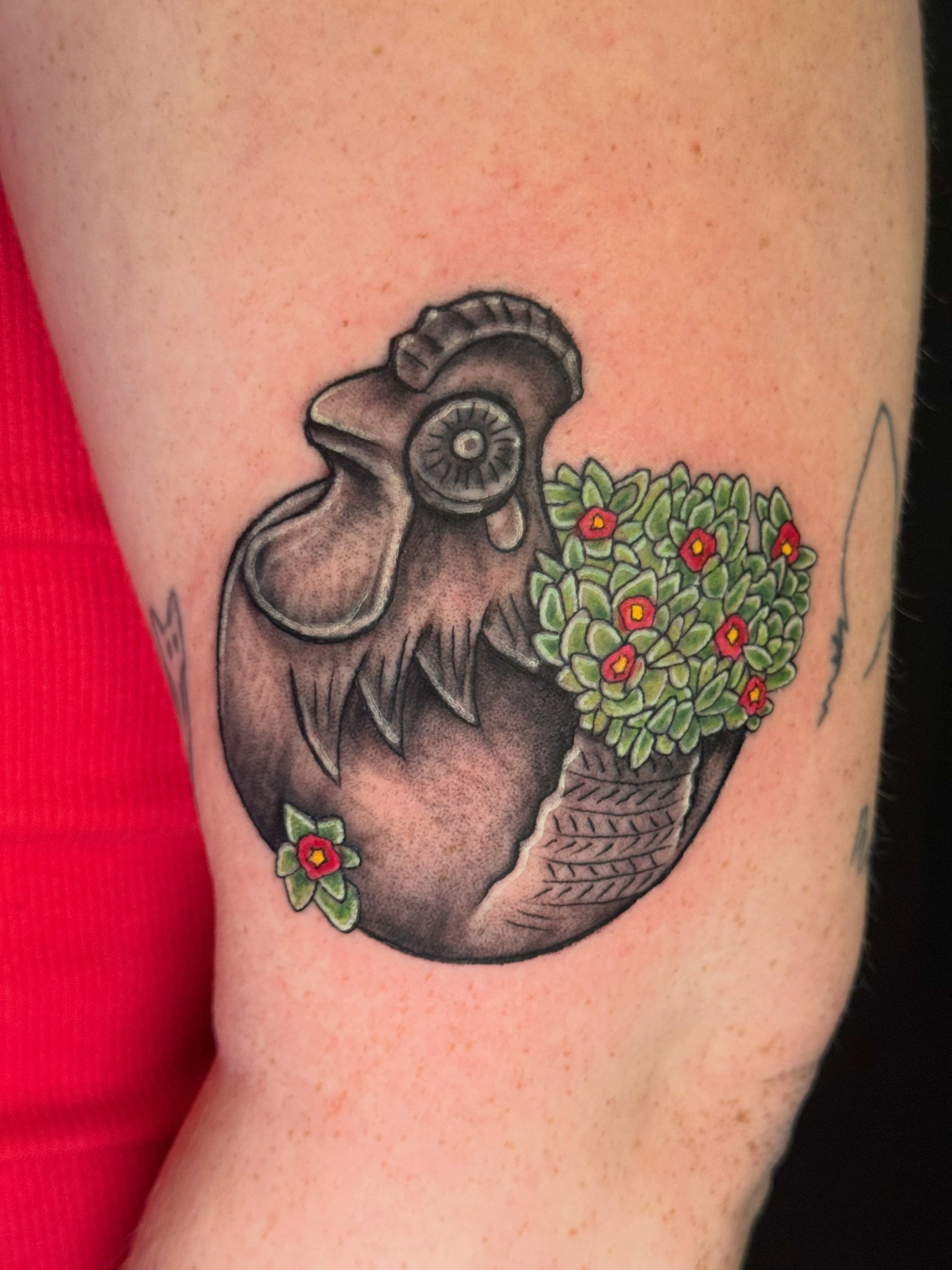 Rooster and succulent American traditional tattoo on the thigh by Michelle Balhan