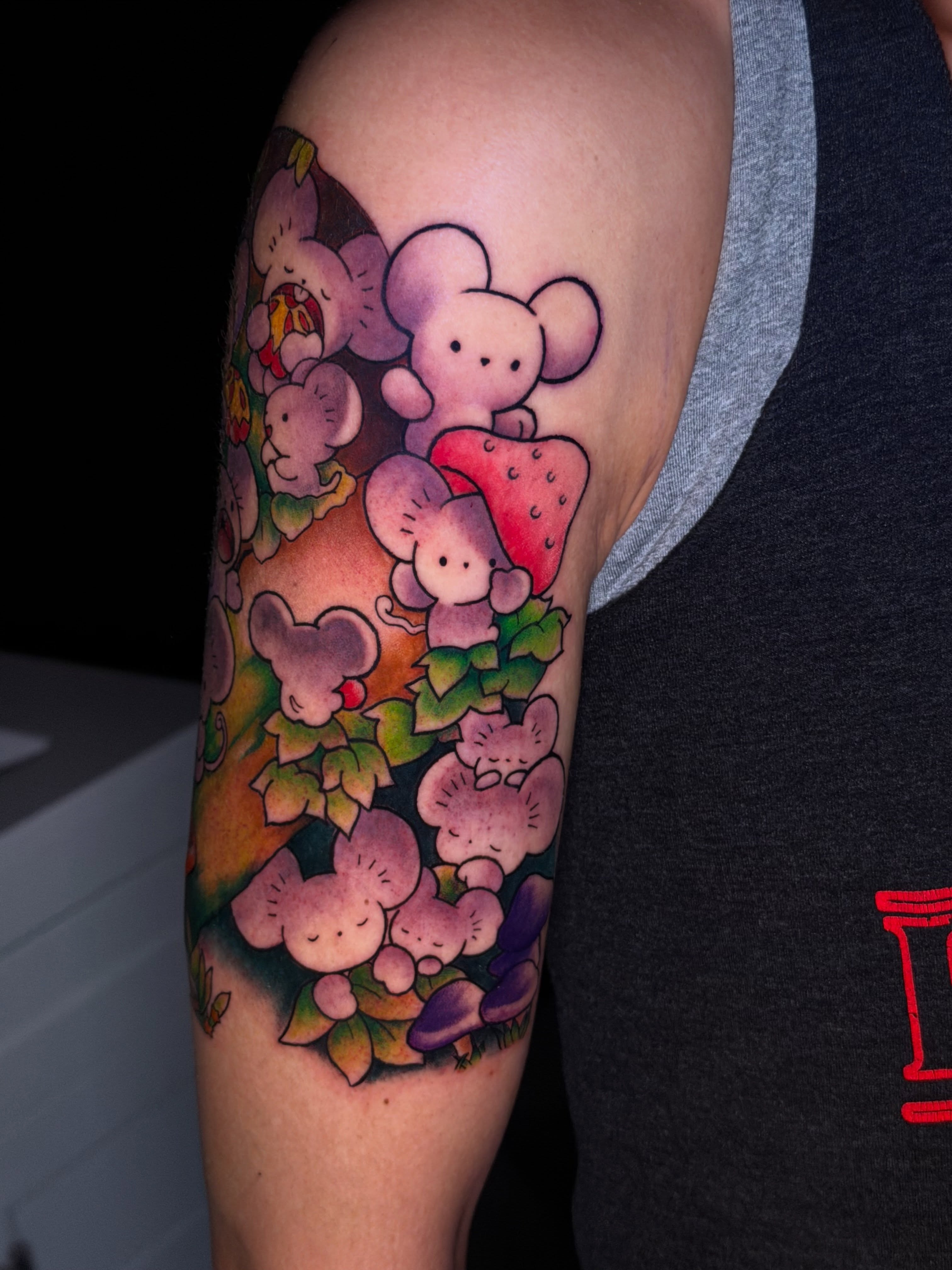 Mushroom characters dotwork tattoo on the forearm by Aiden Madrigal