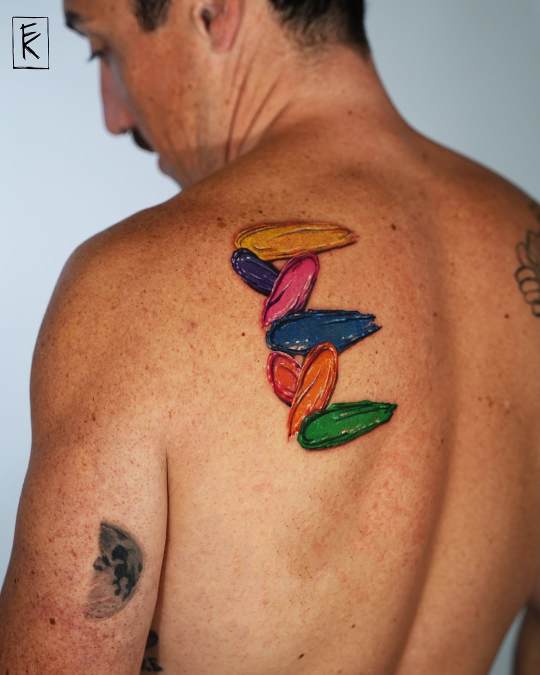 Colorful surfboards new school tattoo on the back by elizaveta