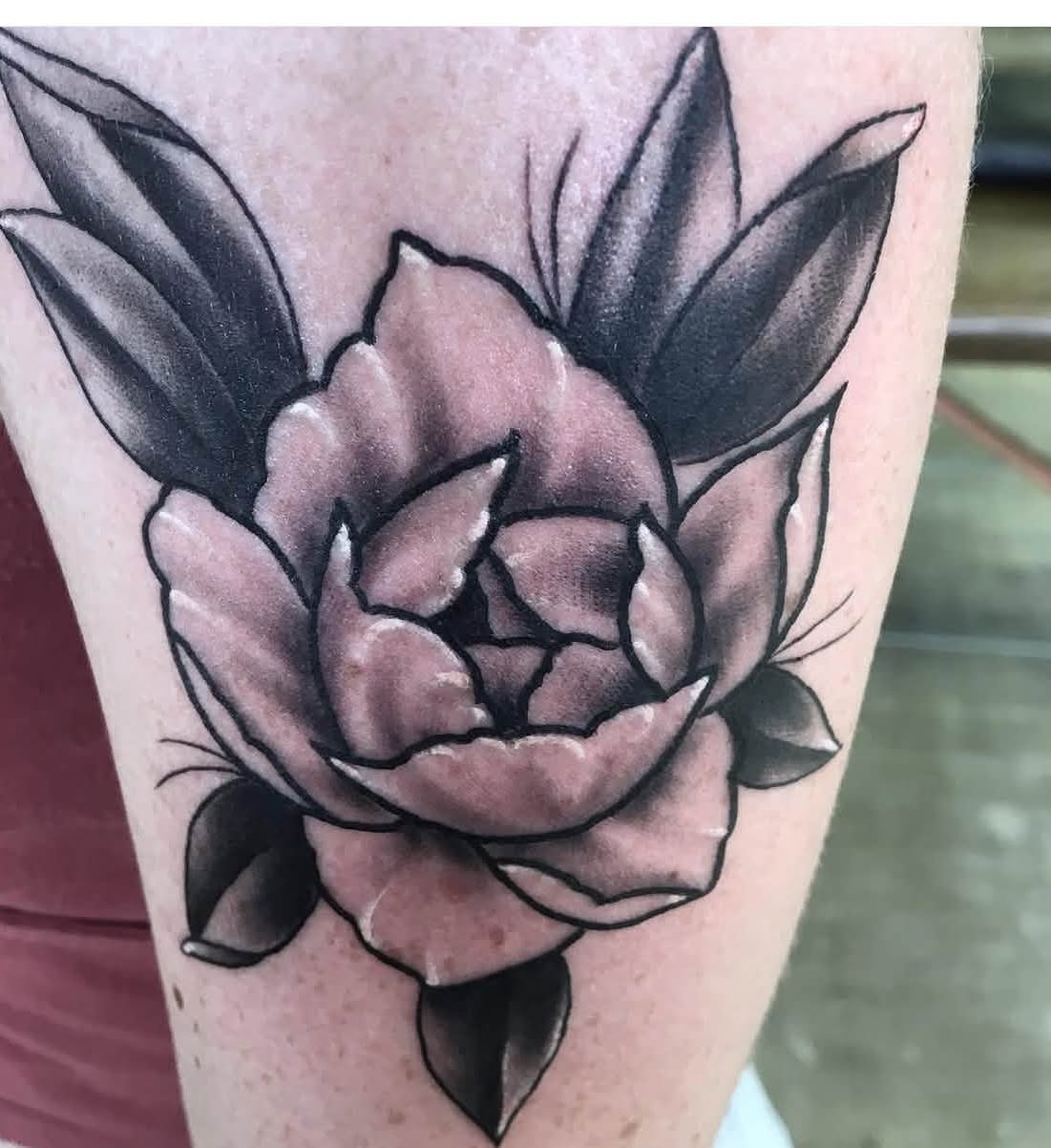 Peony black and grey tattoo on the forearm by Brandon Harrison, Kansas City, Missouri