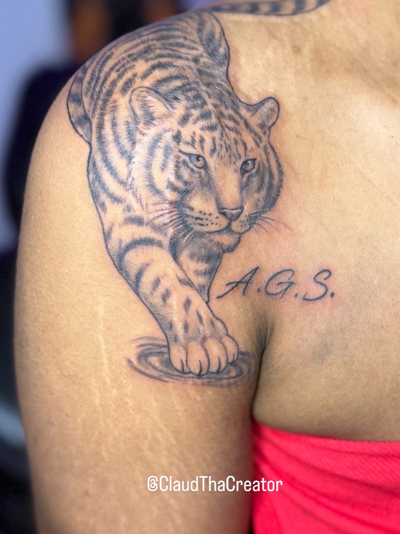 Tiger realism tattoo on the shoulder by claud, Atlanta, Georgia