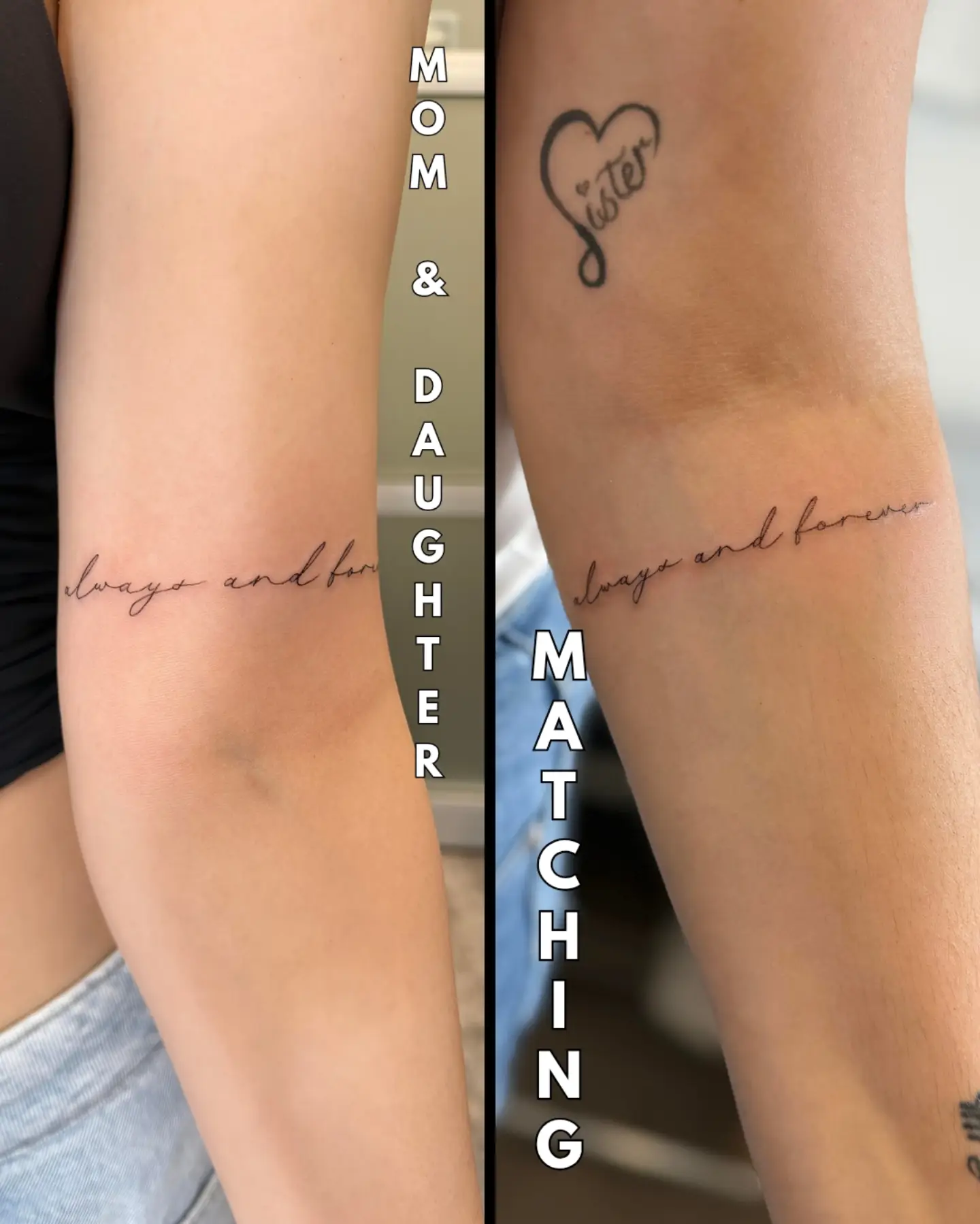 Matching phrases lettering script tattoo on the forearm by Floral Fineline Tattoo