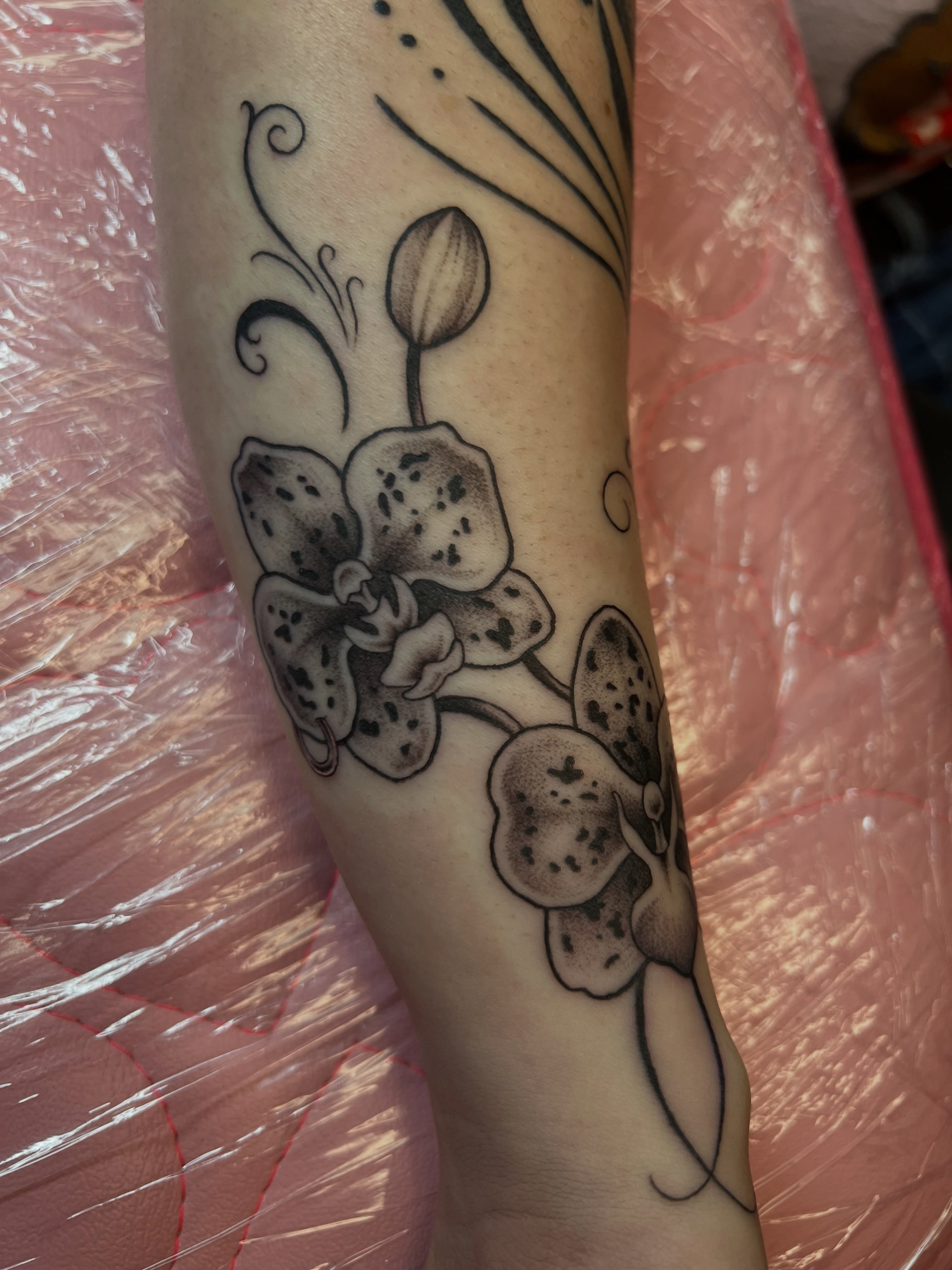 Orchids black and grey tattoo on the forearm by Emily Queen