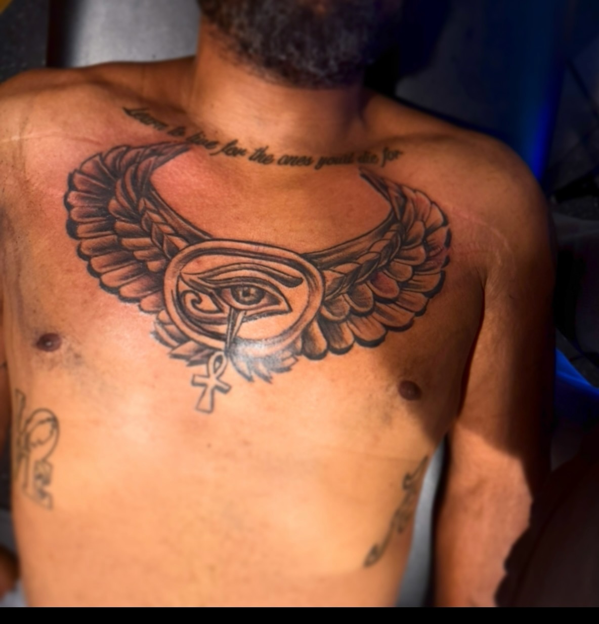 Eye of horus black and grey tattoo on the chest by Lamb, Philadelphia, Pennsylvania
