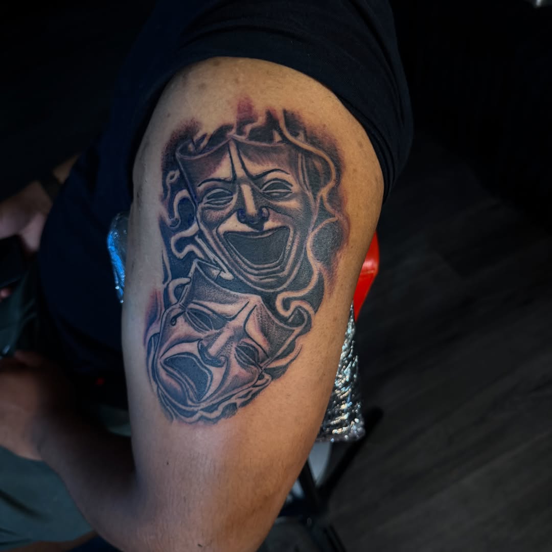 Mask black and grey tattoo on the forearm by Lamb, Philadelphia, Pennsylvania