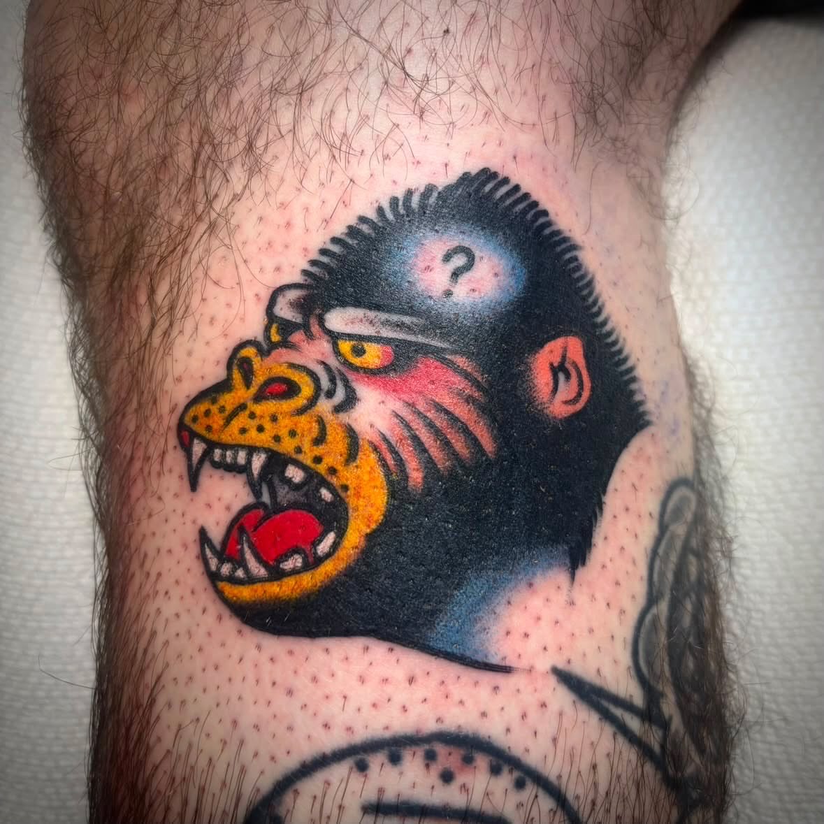 Jaguar head with man's face American traditional tattoo on the thigh by Danny DiBlasi, San Francisco, California