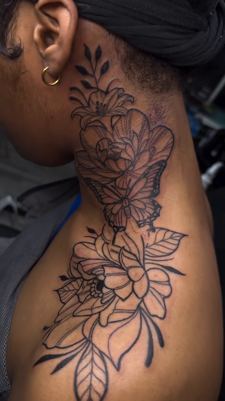 Floral arrangement fine line tattoo by Left My Mark