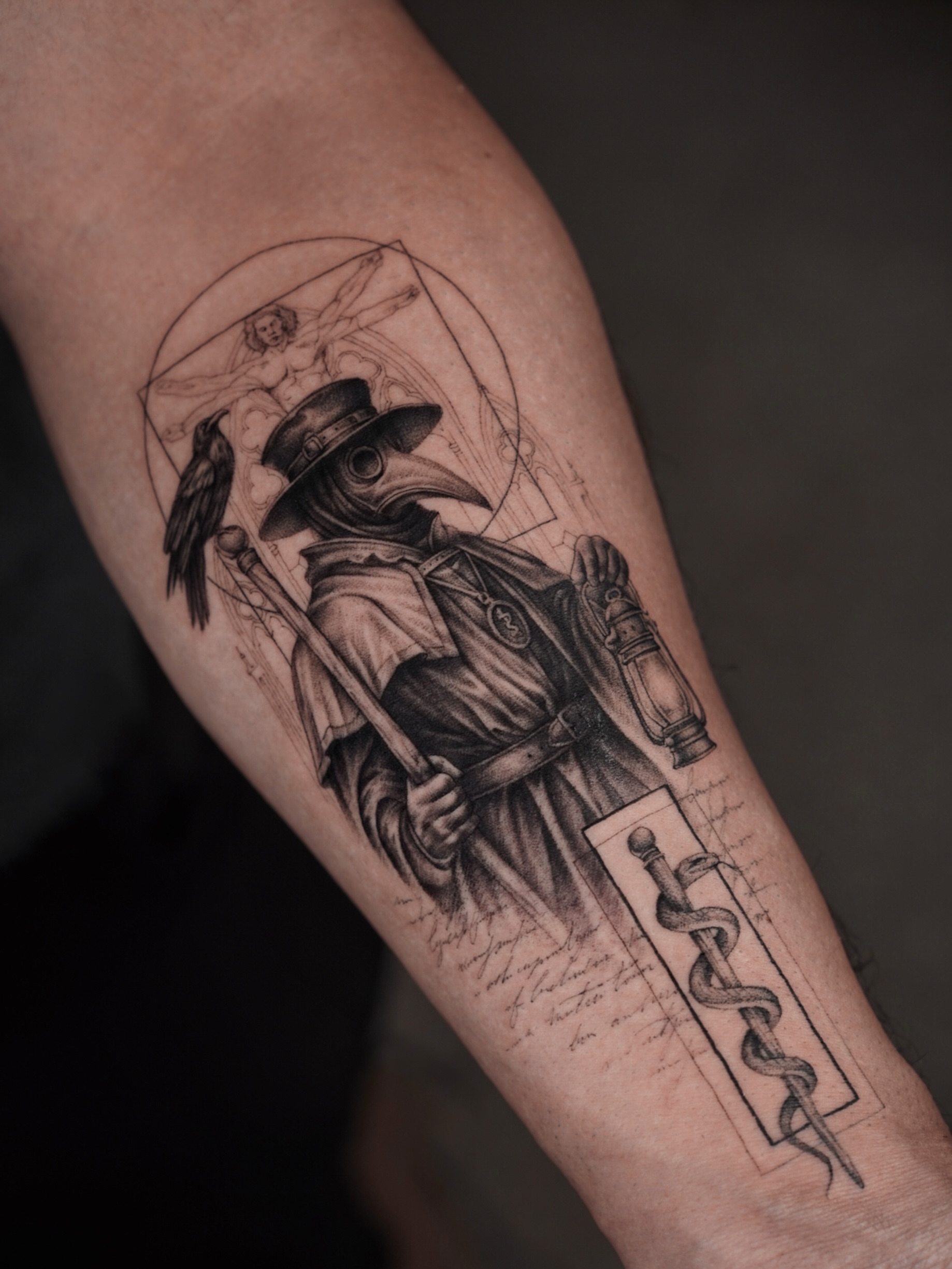 Plague doctor black and grey tattoo on the forearm by Oleksandr Moroz