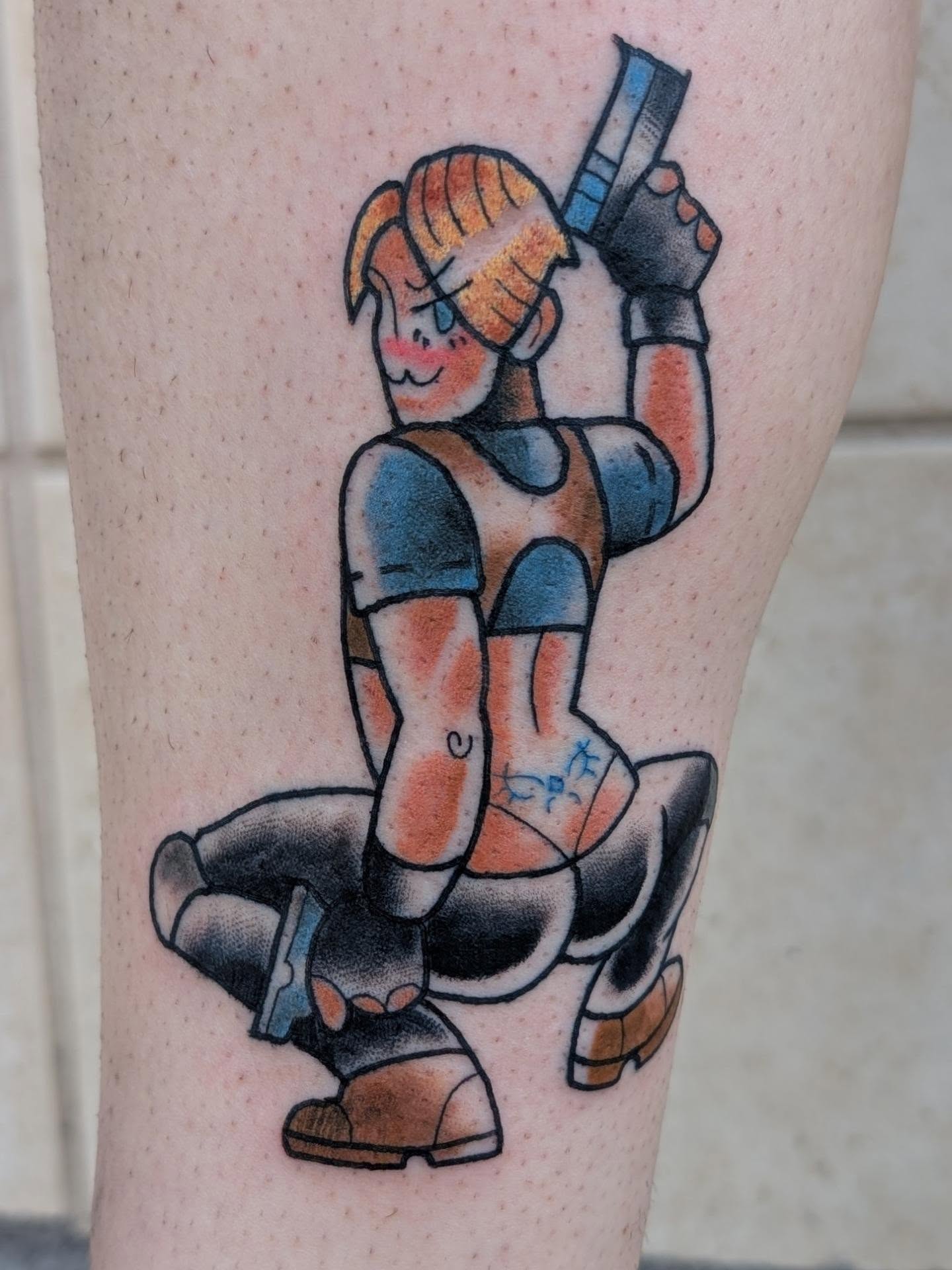 Mech character American traditional tattoo on the forearm by norn noszka