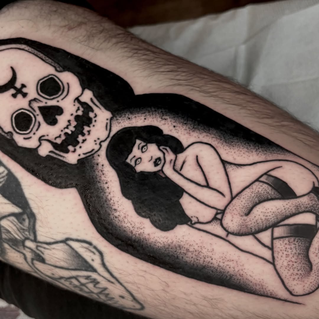 Woman and skull dotwork tattoo on the forearm by ✙ 𝐉𝐃 𝐒𝐩𝐫𝐨𝐮𝐥 ✙, Austin, Texas