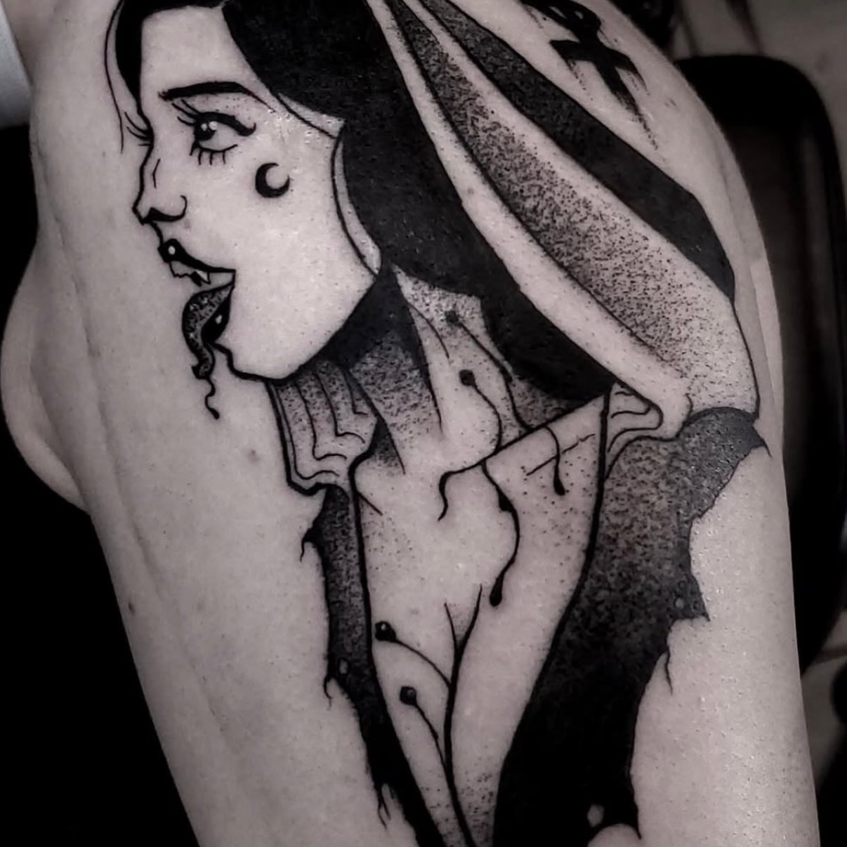 Woman with veil dotwork tattoo on the shoulder by ✙ 𝐉𝐃 𝐒𝐩𝐫𝐨𝐮𝐥 ✙, Austin, Texas