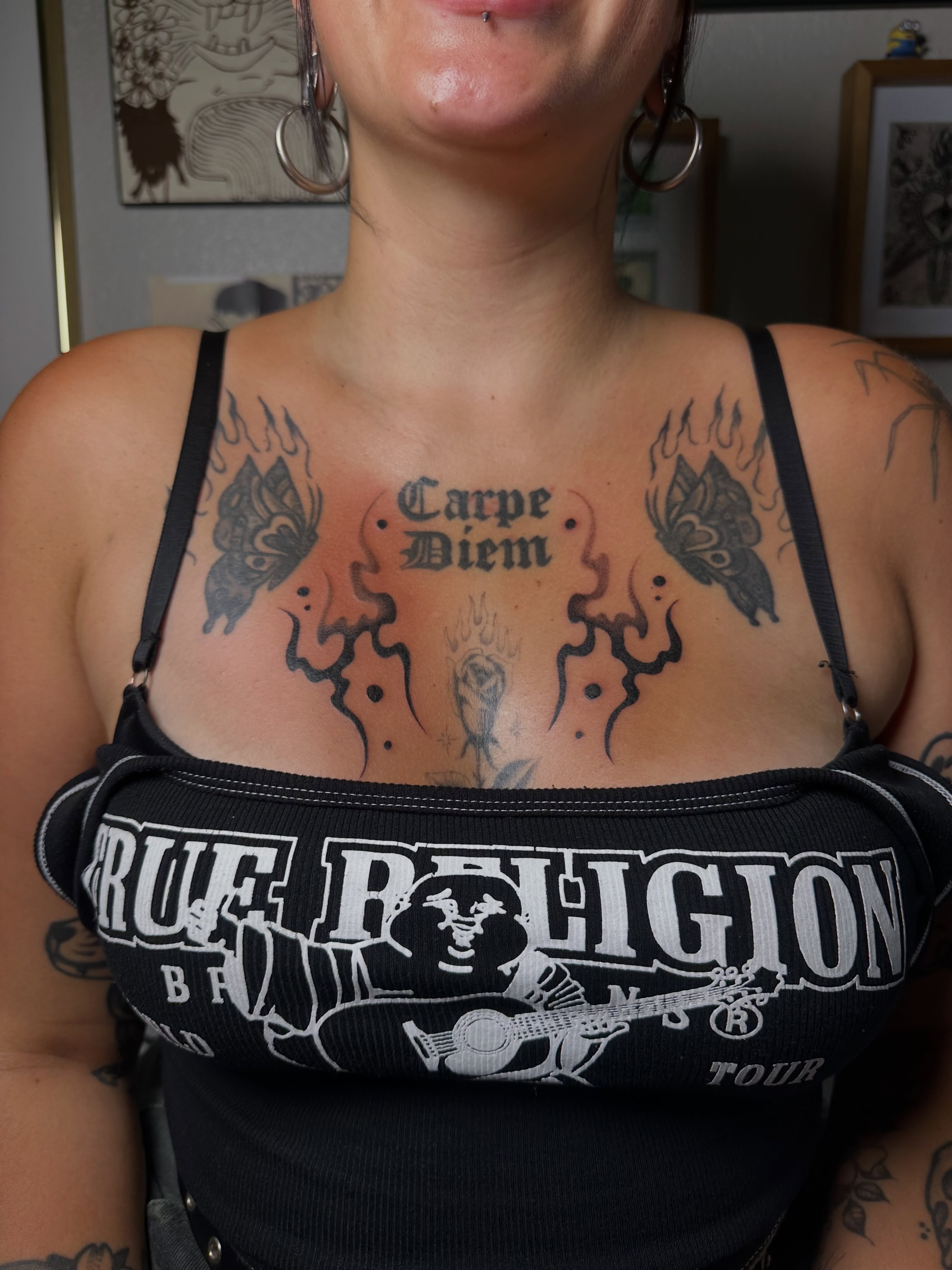 Carpe diem dotwork tattoo on the chest by Isla Araoz <3
