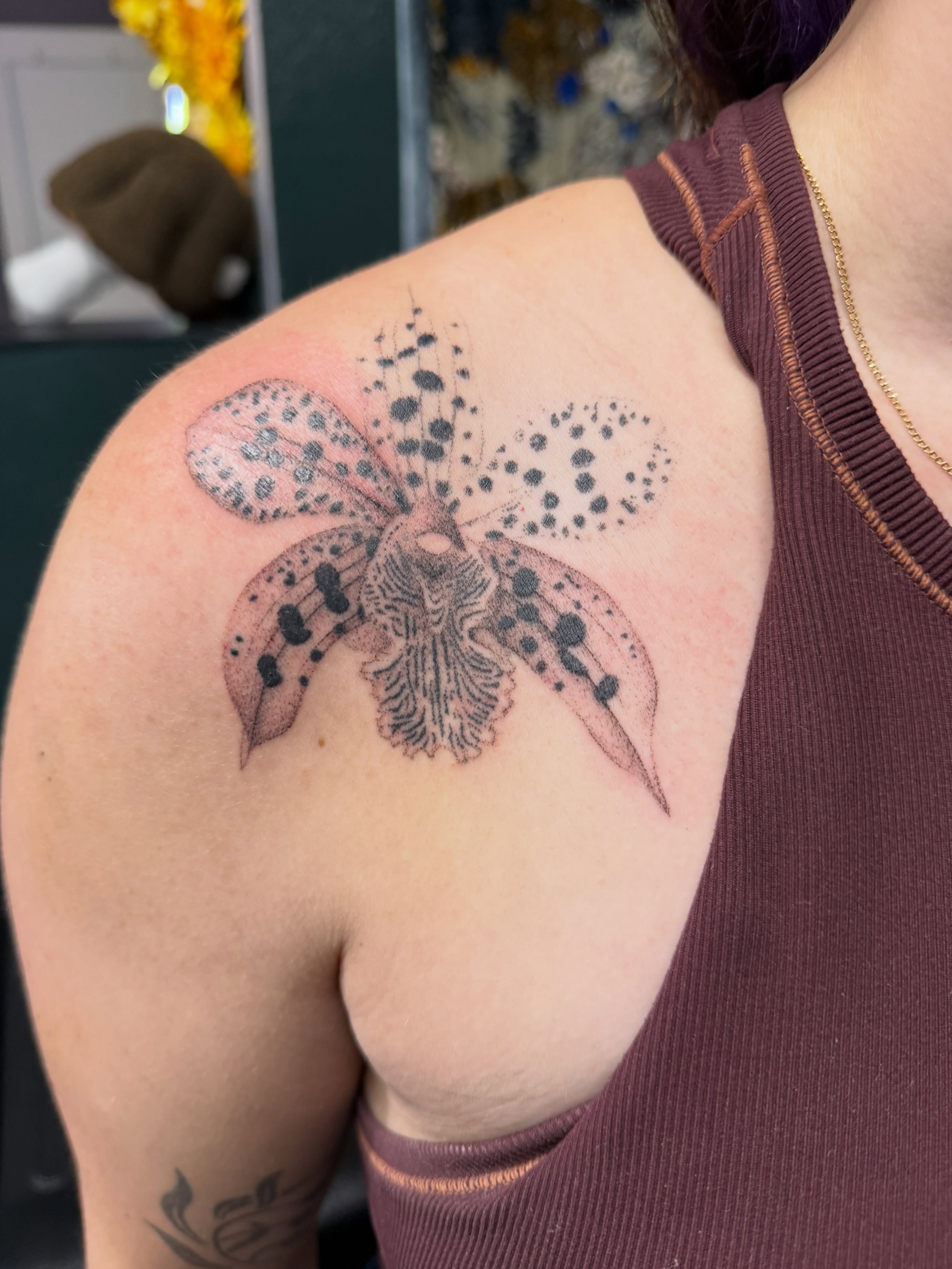 Butterfly dotwork tattoo on the shoulder by Handpoke Tattoo Artist, Minneapolis, Minnesota