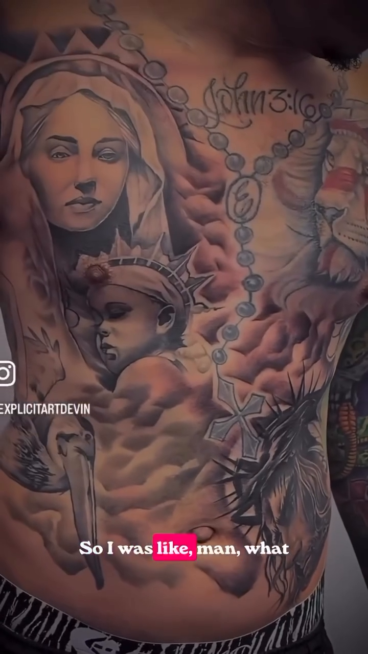 Virgin Mary and child with clouds realism tattoo by Devin Johnson, Forest Park, Georgia