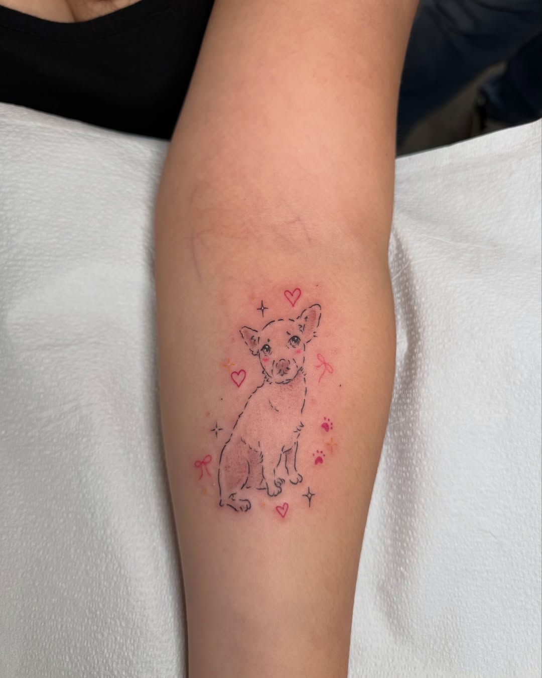 Dog watercolor tattoo on the forearm by : *✧･ﾟ:* camryn  *:･ﾟ✧: