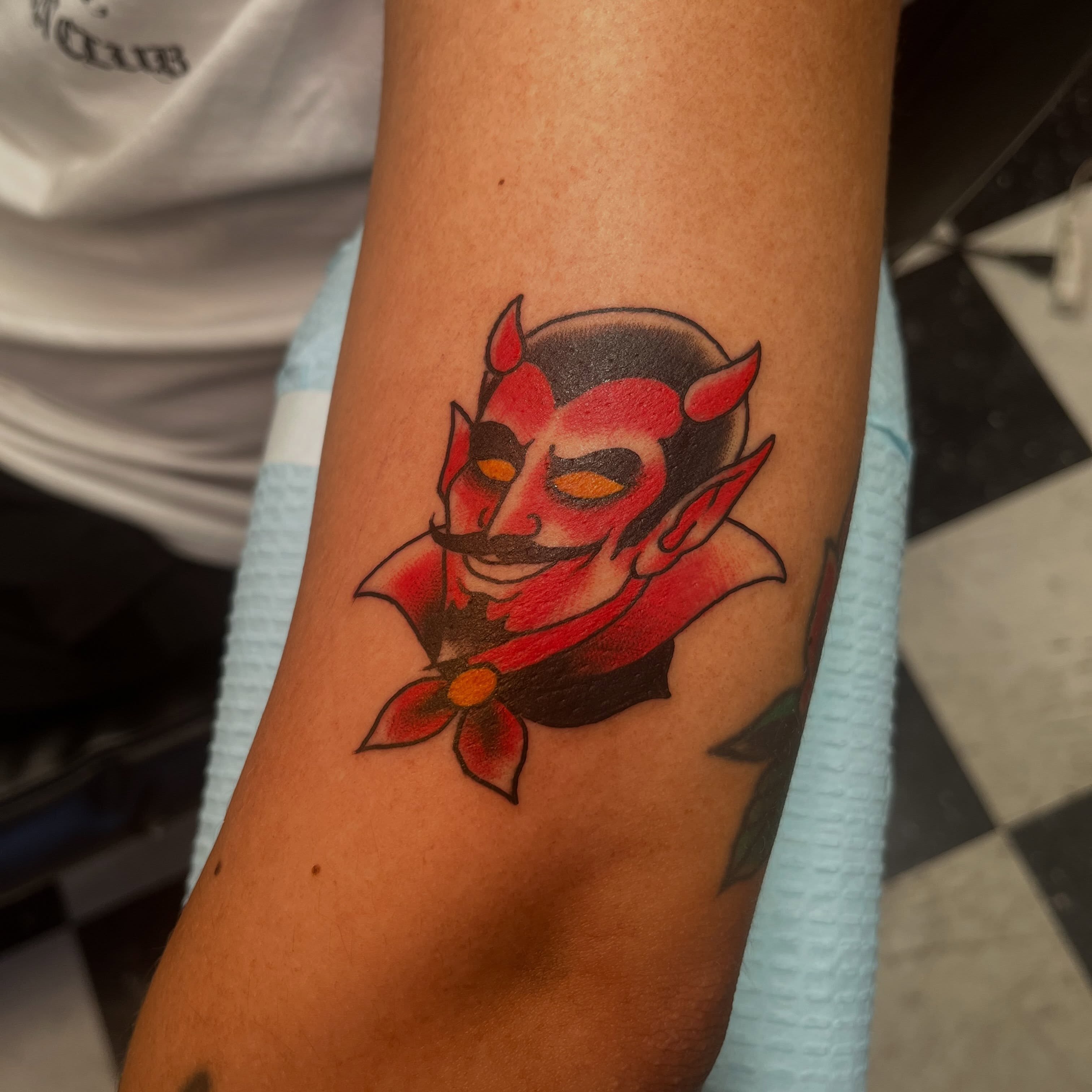 Devil American traditional tattoo on the forearm by Sean Swanson Tattoo Salem Oregon, Salem, Oregon