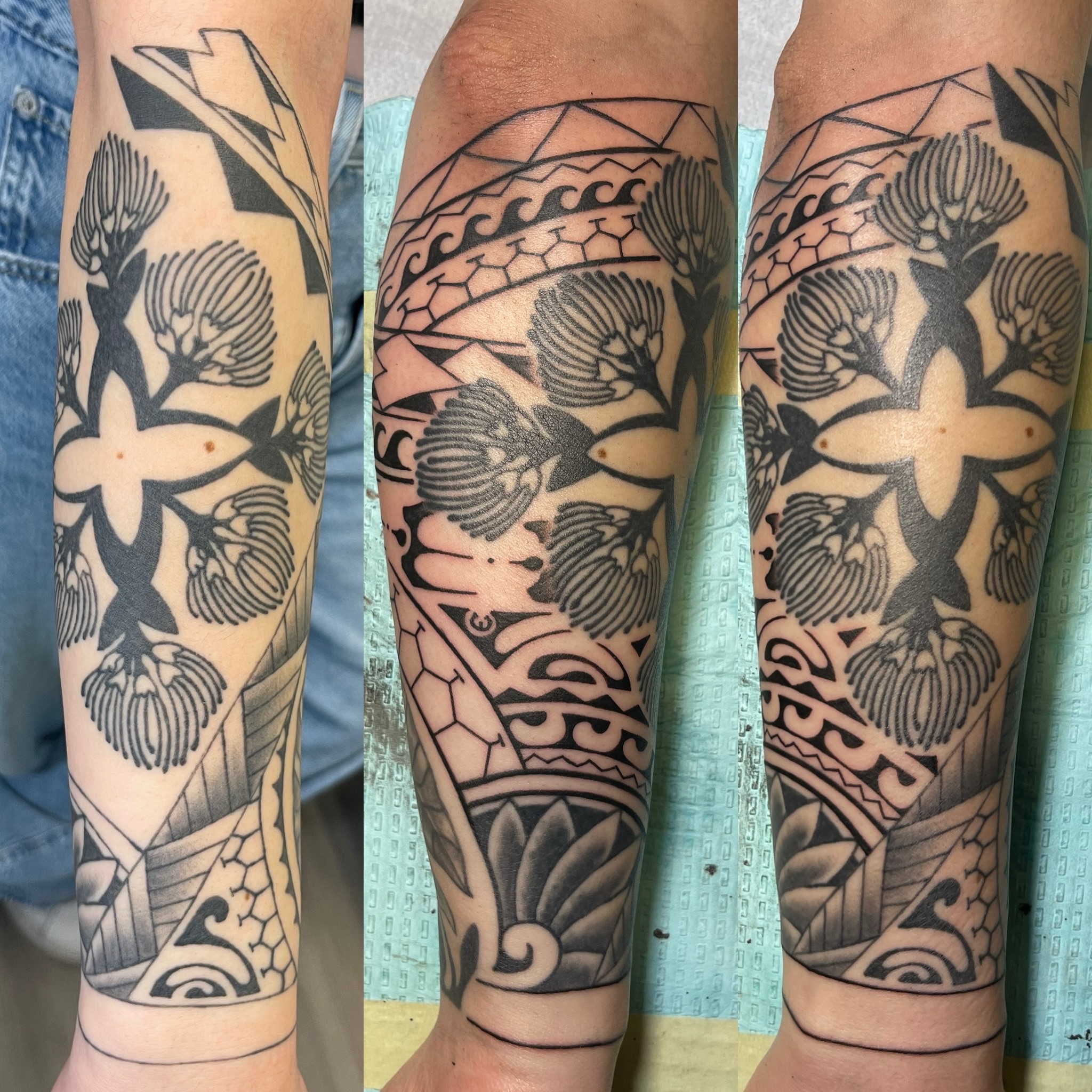 Floral and geometric design geometric tattoo on the forearm by Ashley Antolin