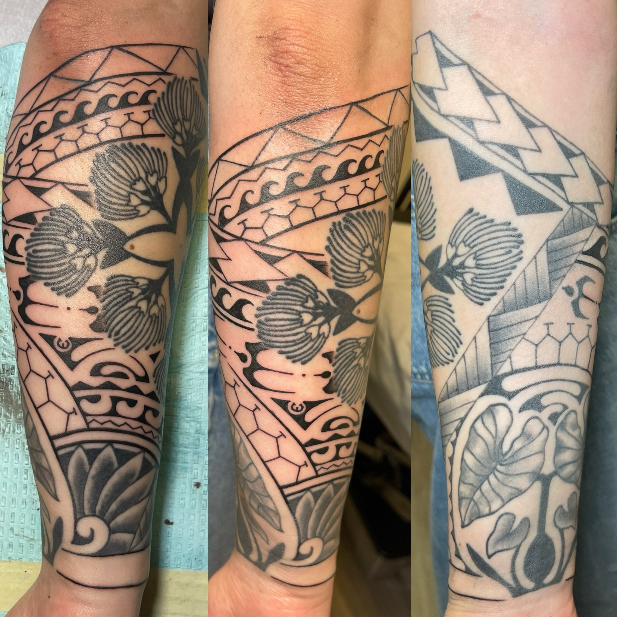 Floral and geometric patterns tribal tattoo on the forearm by Ashley Antolin