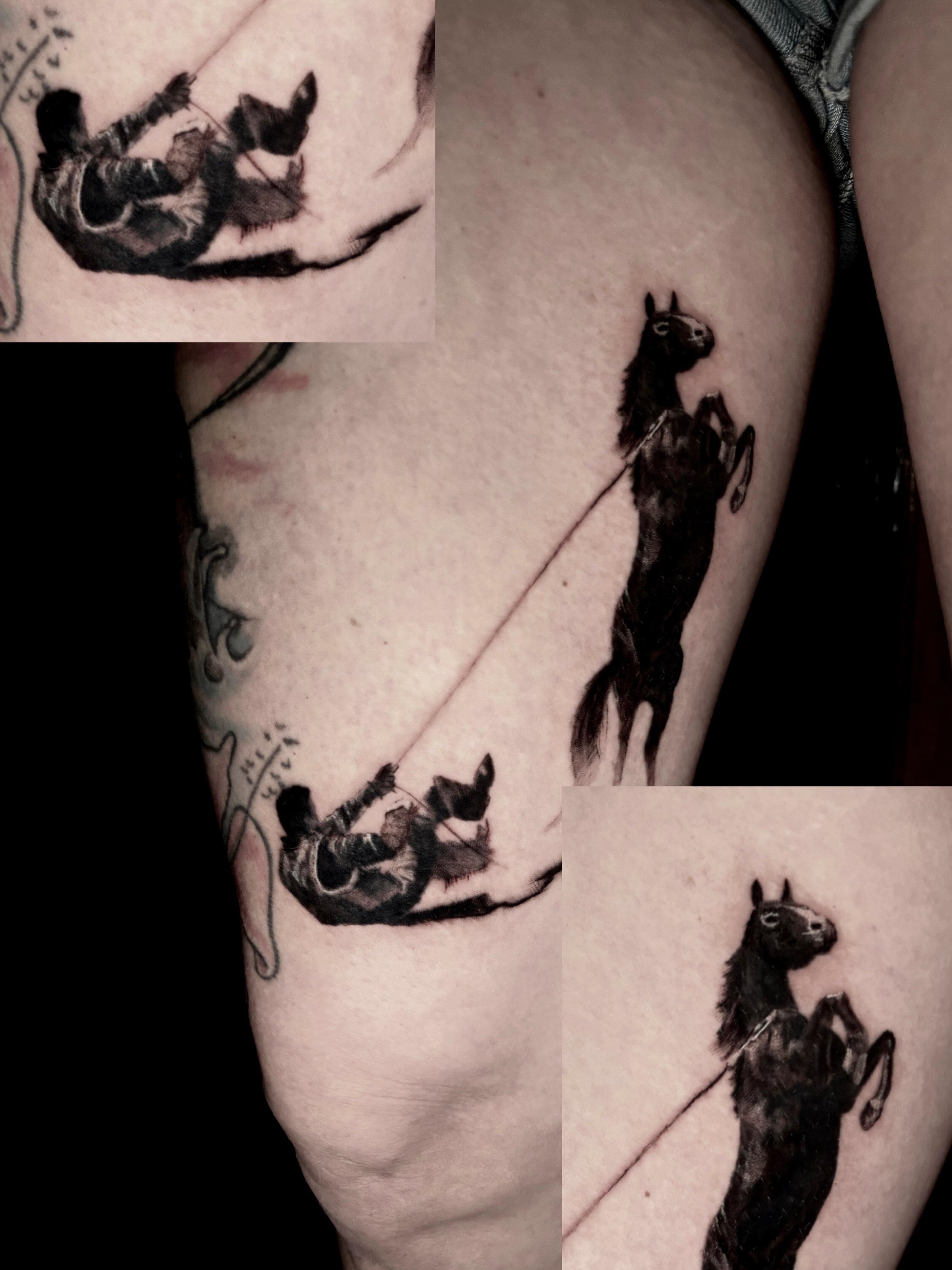 Cowboy roping horse black and grey tattoo on the forearm by Dev