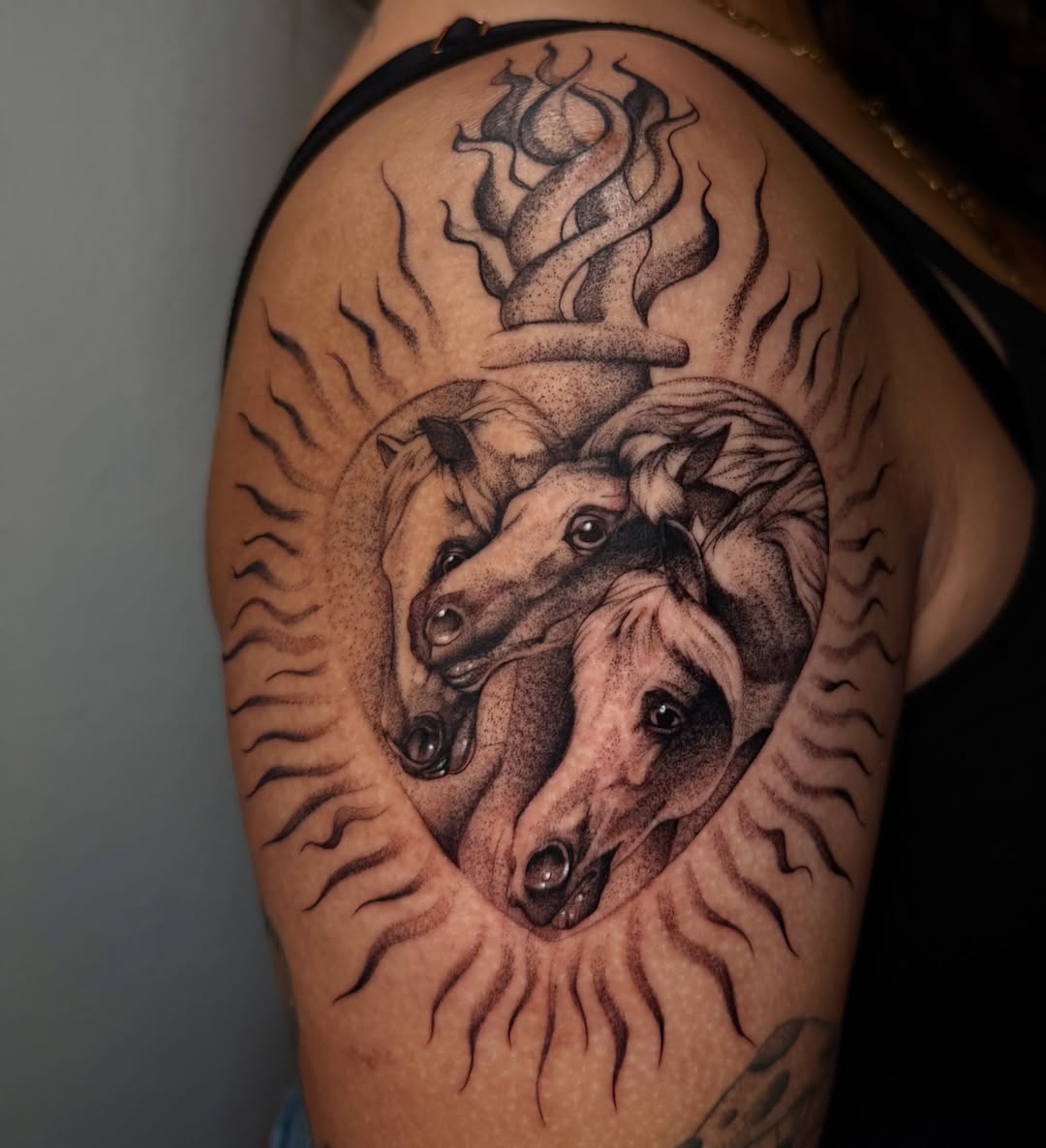 Horses dotwork tattoo on the shoulder by Priscilla ☾ ⋆*・゚