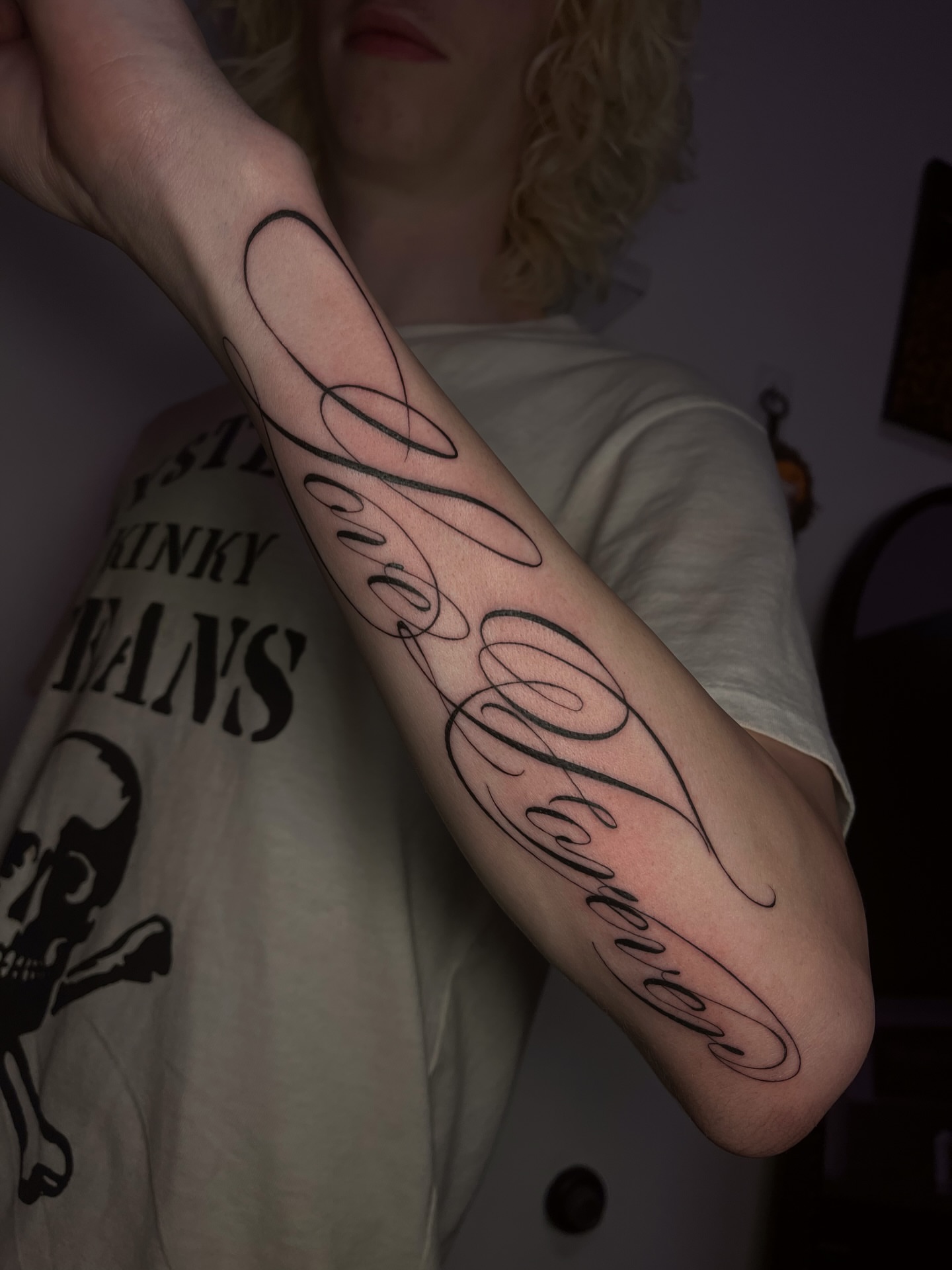 Script lettering lettering script tattoo on the forearm by MK