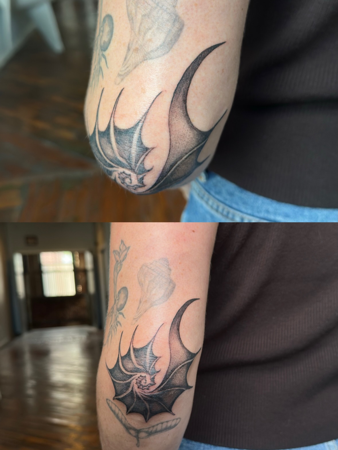 Bat and flower black and grey tattoo on the forearm by Sadie Spades Philly Tattoos