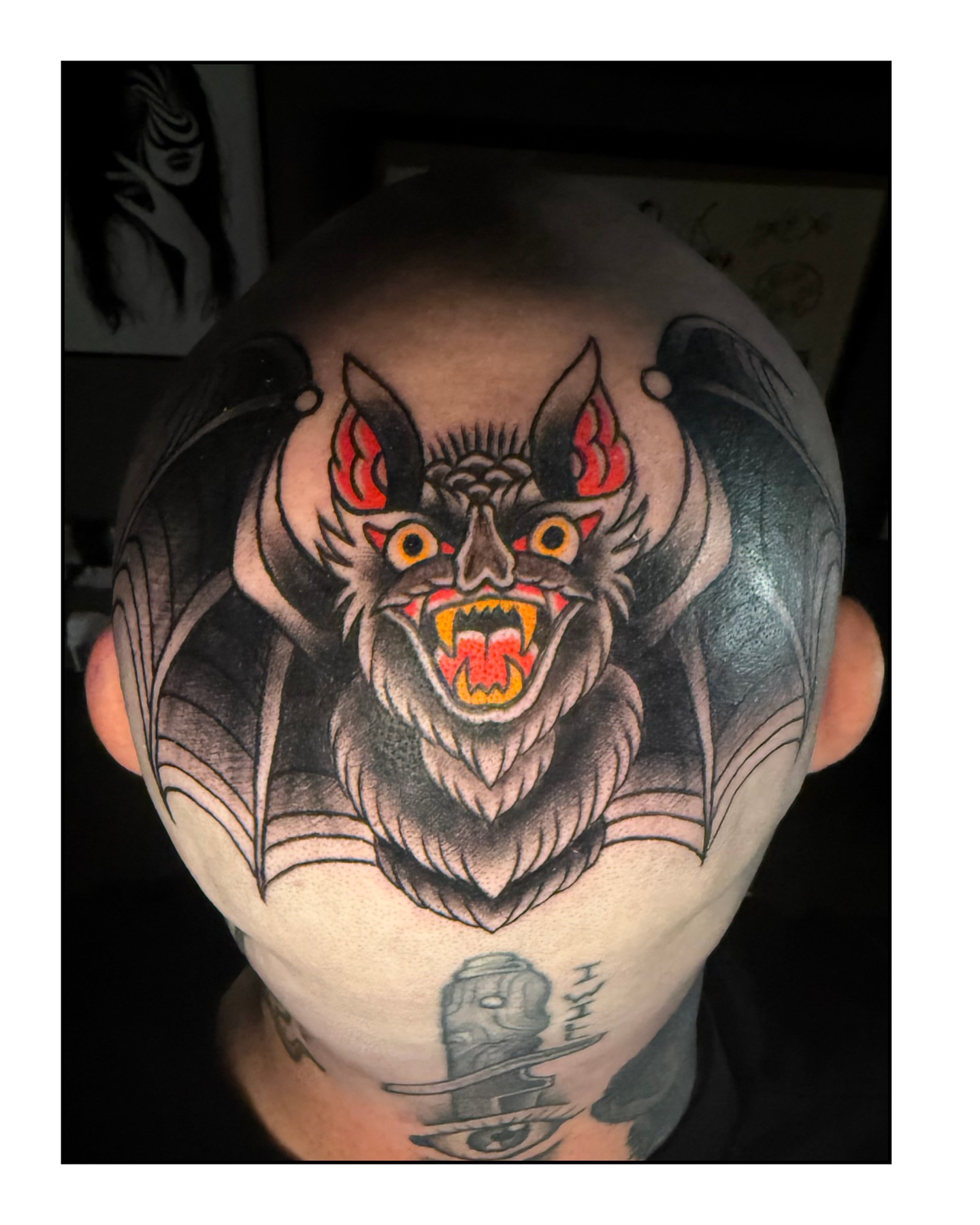 Bat American traditional tattoo on the head by ArJay Smith