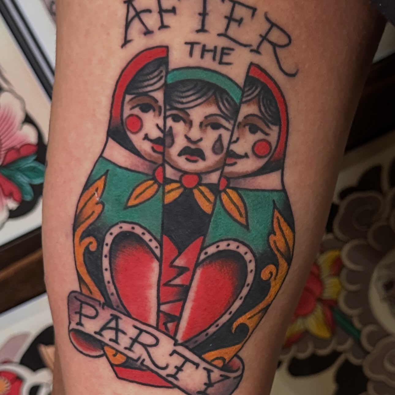 Matryoshka dolls and broken heart American traditional tattoo on the forearm by bryce duval