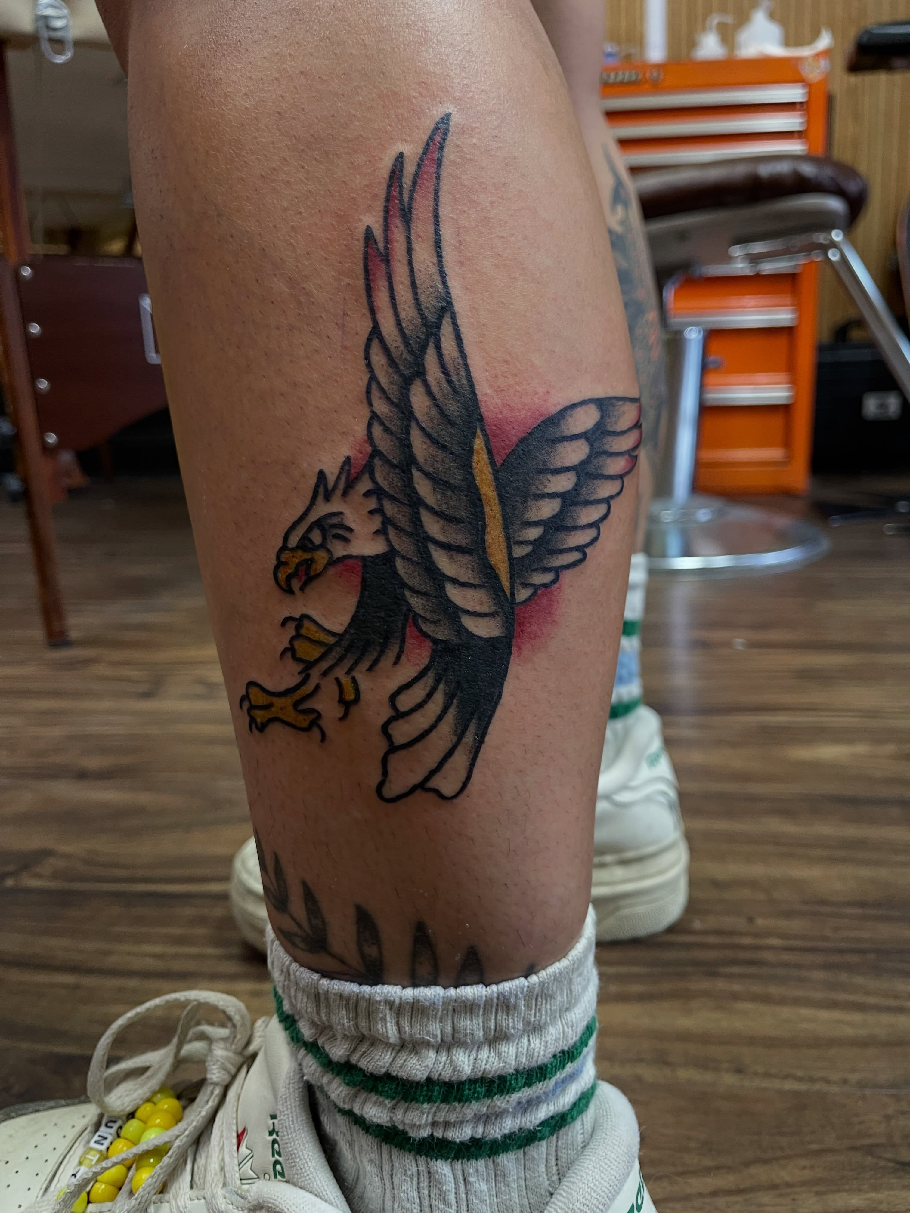 Eagle American traditional tattoo on the leg by J❄️, Portland, Oregon