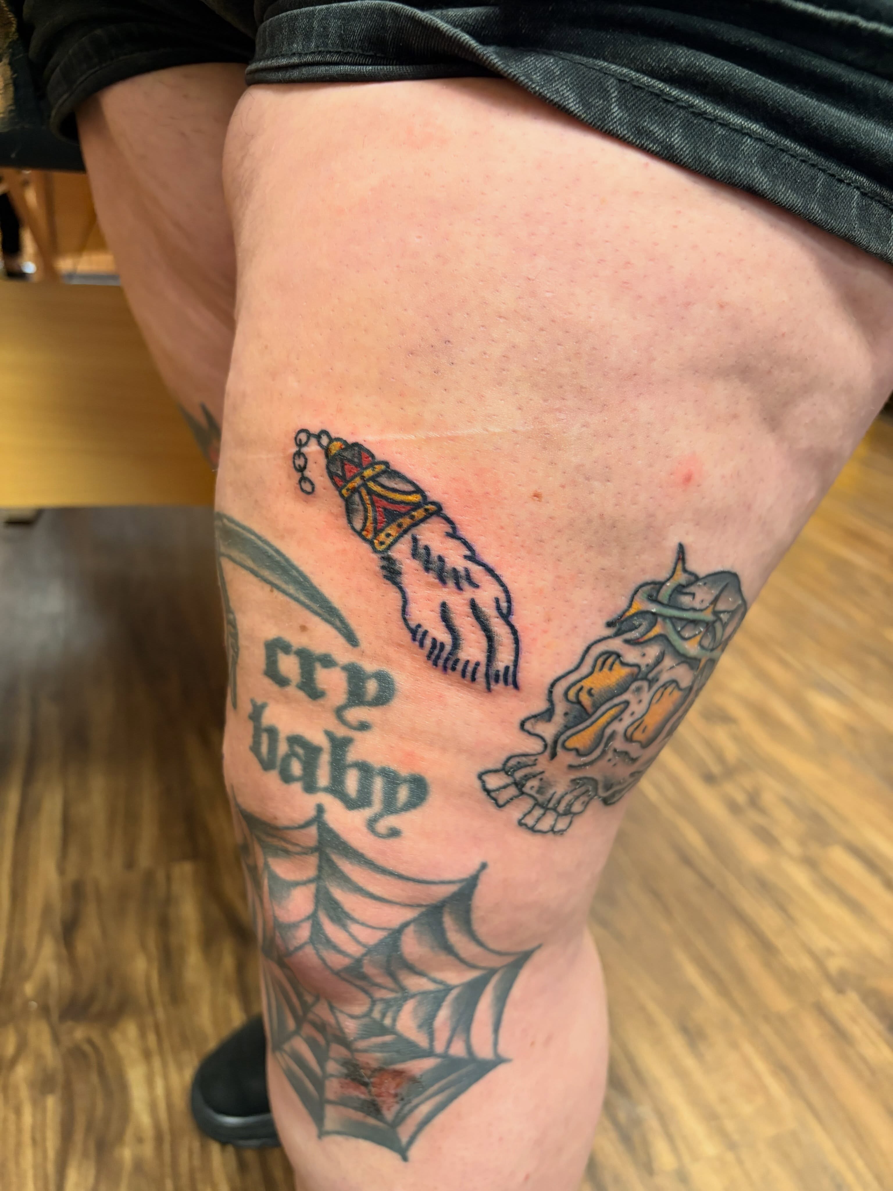 Cry baby American traditional tattoo on the thigh by J❄️, Portland, Oregon