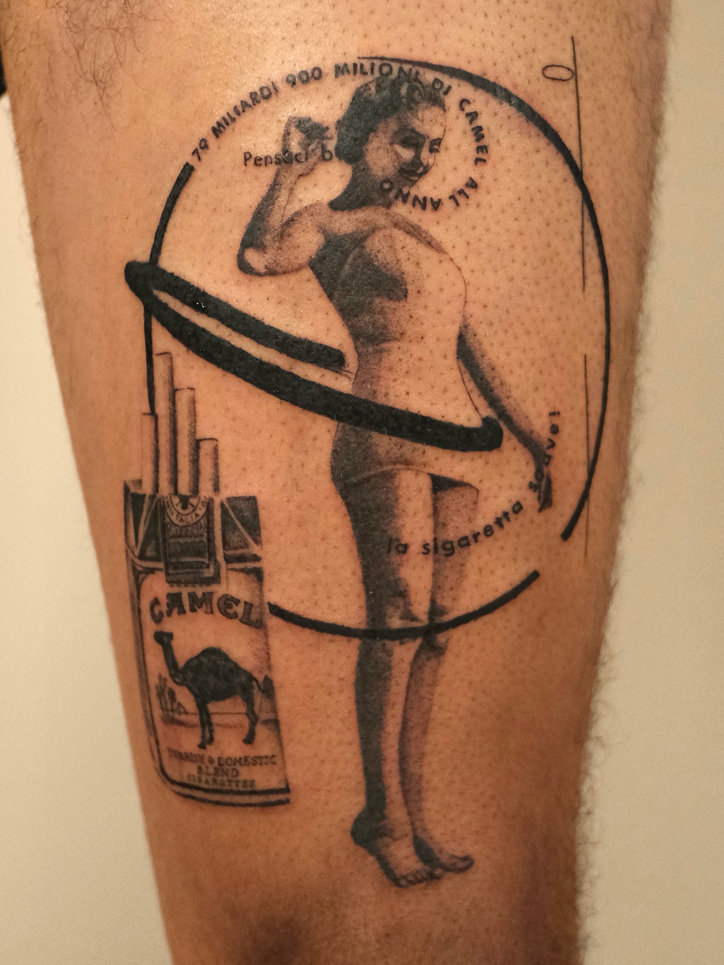 Camel cigarette advertisement dotwork tattoo on the leg by Zanereti