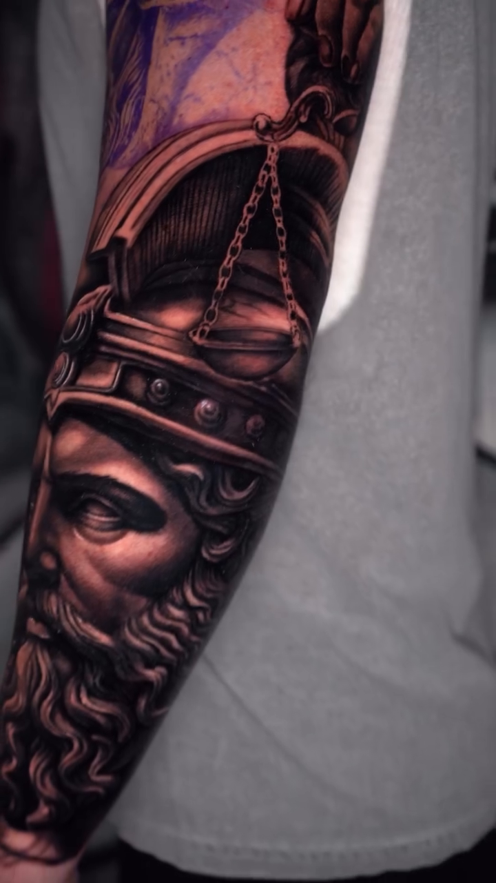 Greek god portrait realism tattoo by Rafa