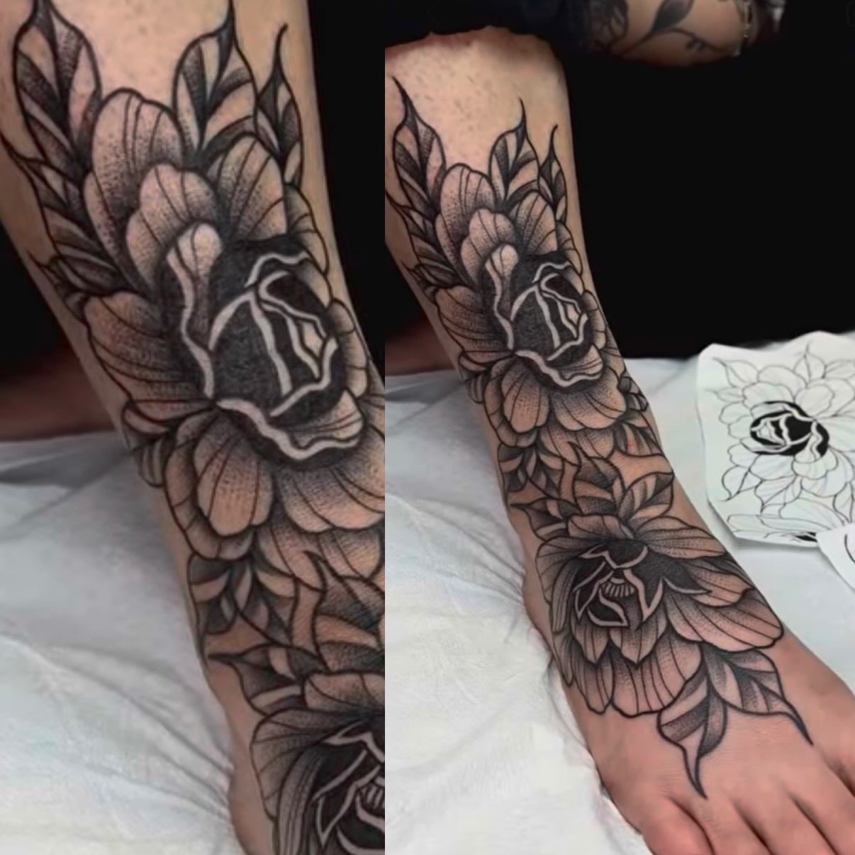 Floral bouquet black and grey tattoo on the foot by Angel Tiburona