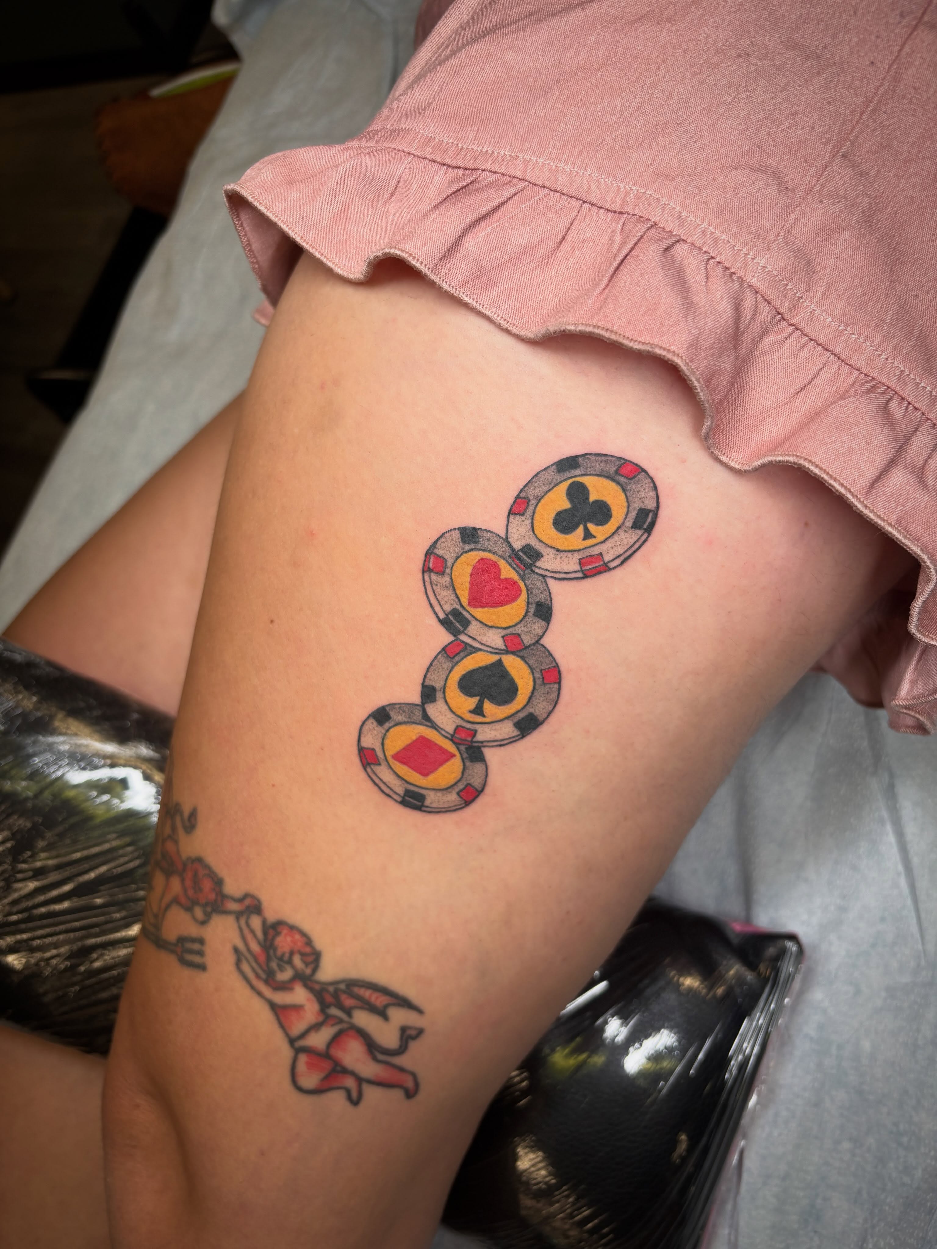 Playing chips American traditional tattoo on the thigh by ππ‘ππ―π² πππ₯π₯ππ²