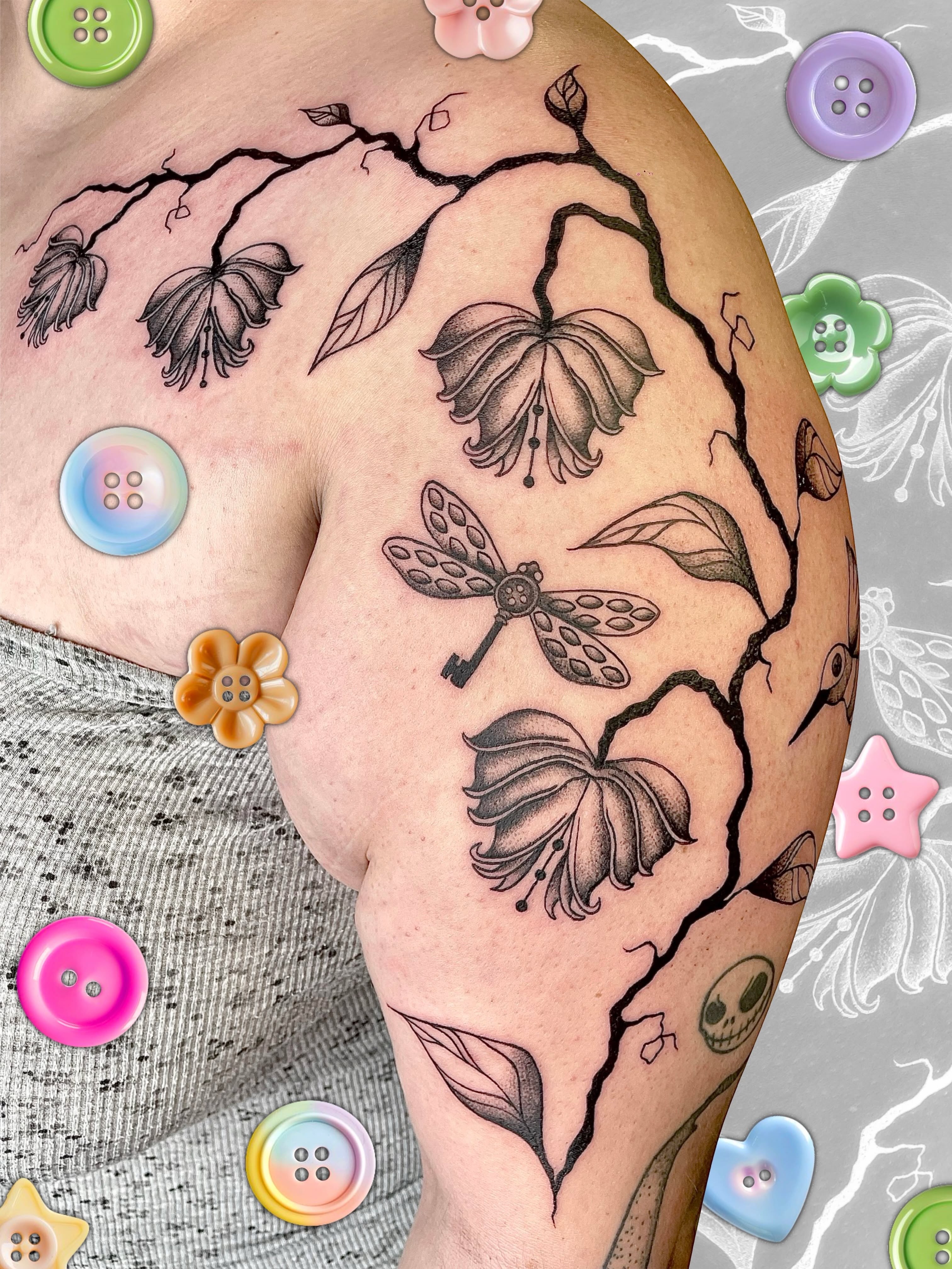 Branch with flowers and dragonfly black and grey tattoo on the shoulder by Sydney “Goose “ Lange