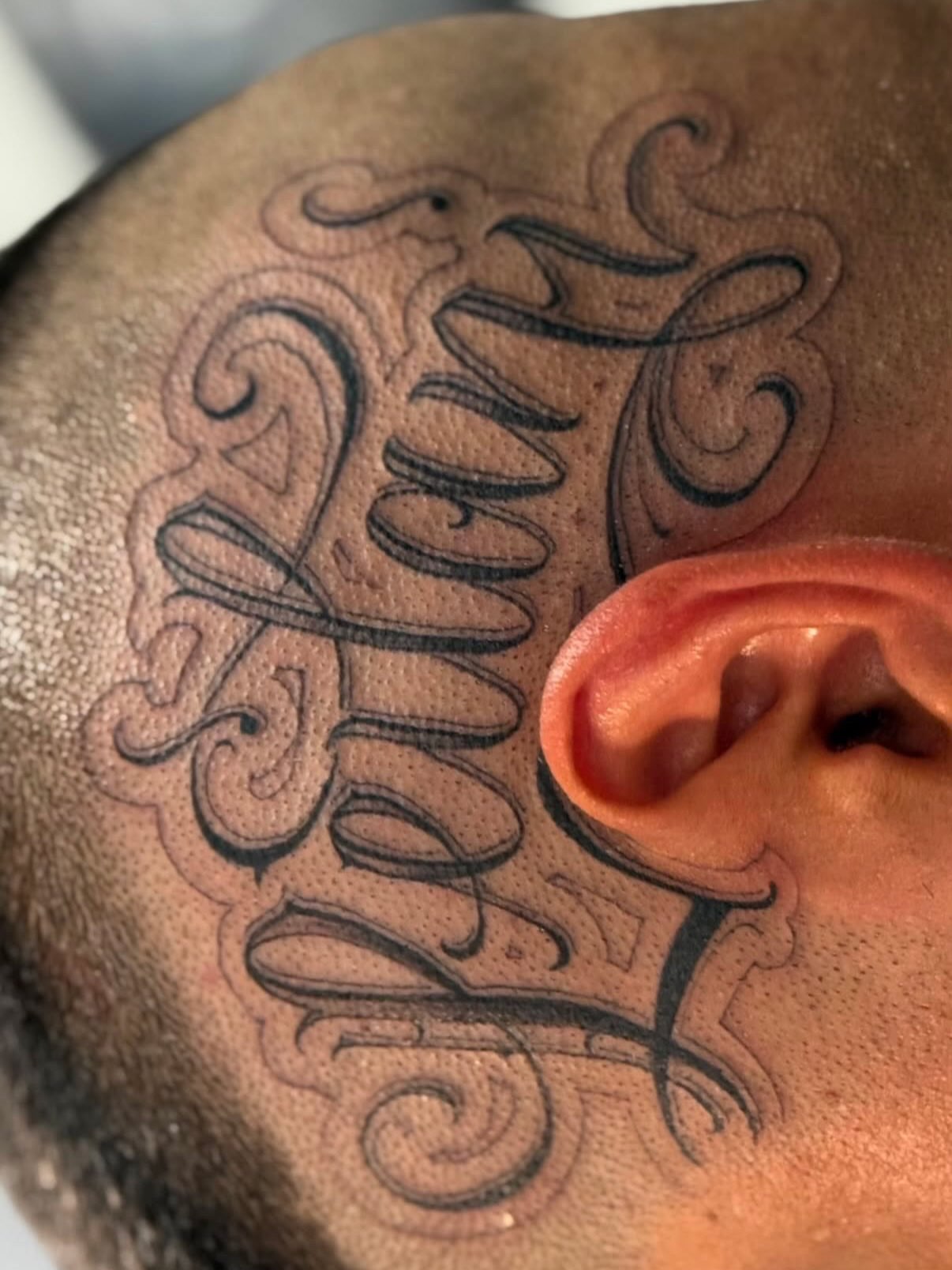 Script lettering lettering script tattoo on the head by @nickysix86
